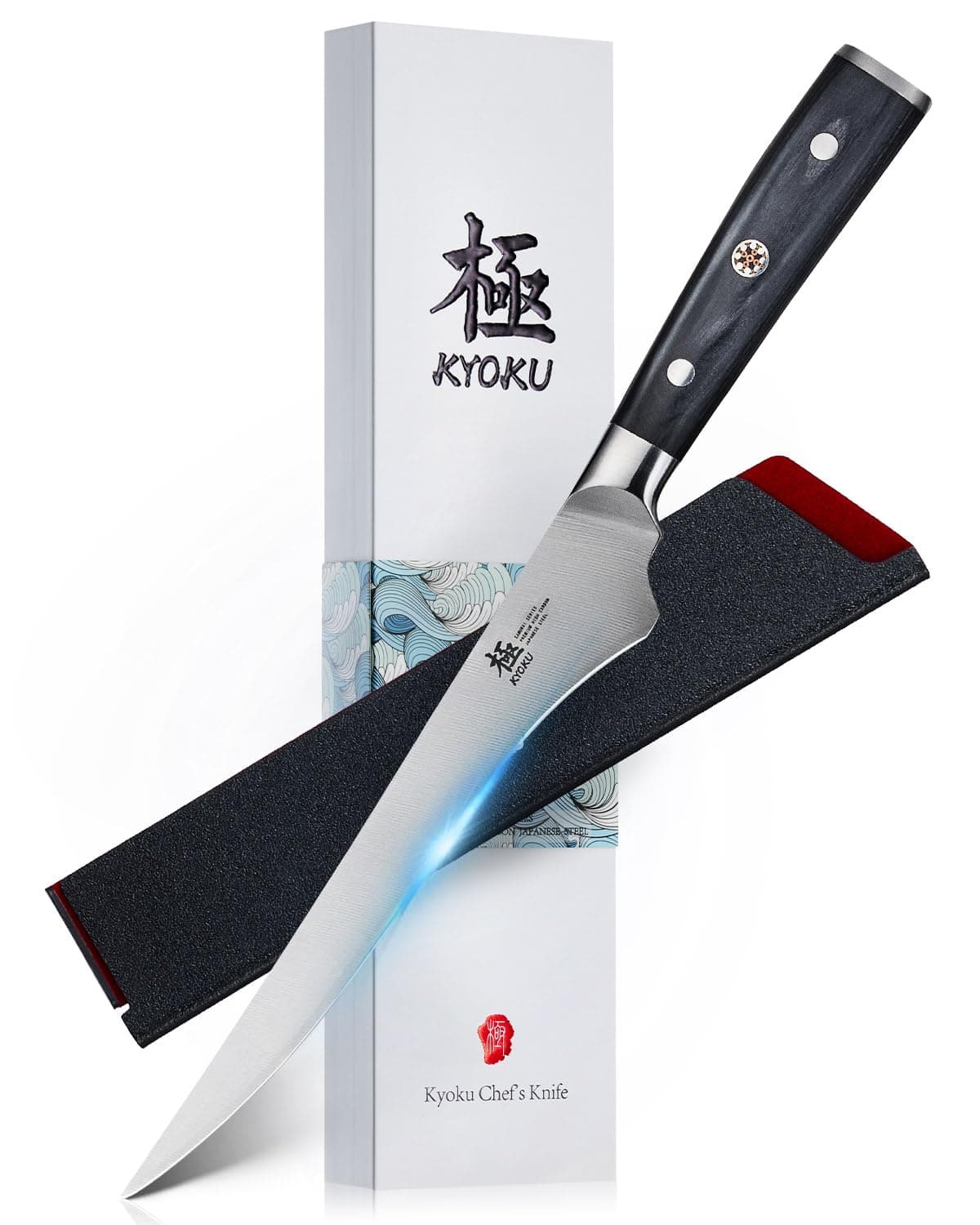 6.5" Boning Knife for Meat Cutting, Samurai Series Filet Knife with Pakkawood Handle, Japanese Style High Carbon Steel, Full Tang Kitchen Knife for Lamb Chop Pork Shoulder with Sheath and Case