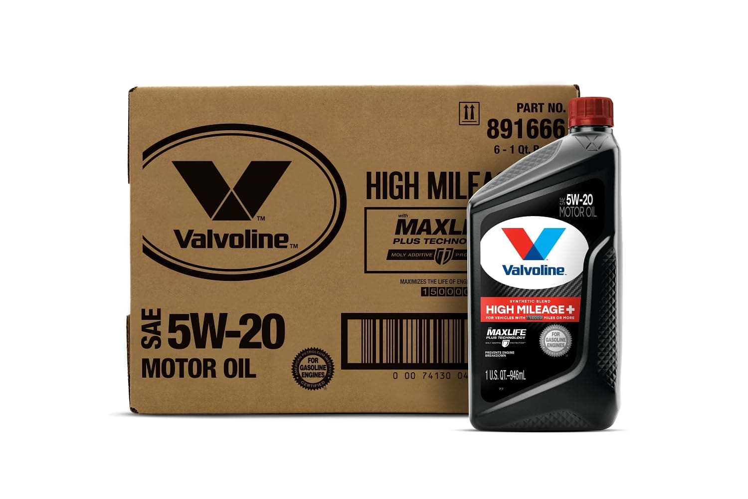 Valvoline High Mileage 150K with Maxlife Plus Technology Motor Oil SAE 5W-20 1 QT, Case of 6