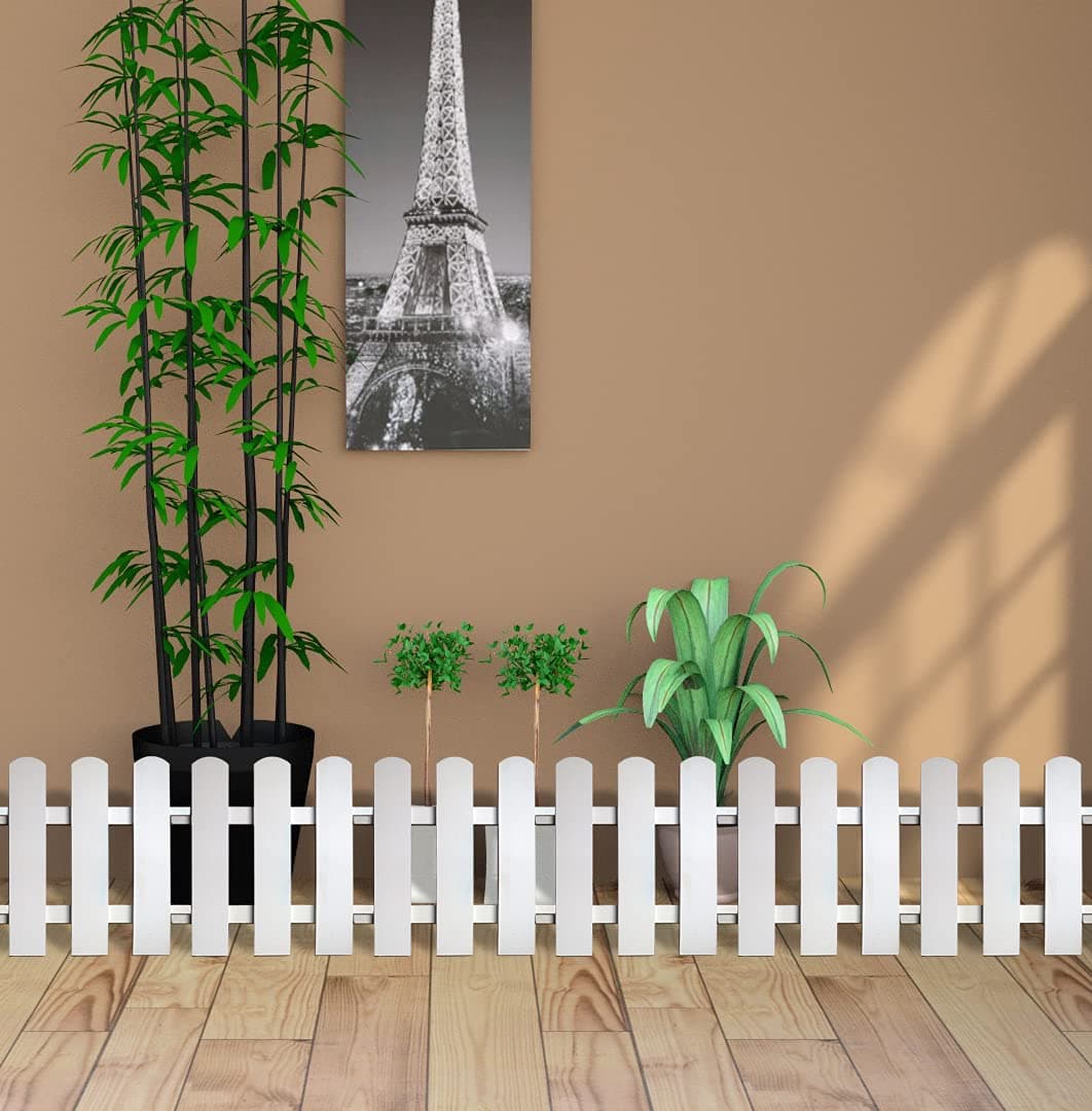 Garden Plant Partition Picket Fence 1 foot Height - waterproof - White - 6 Panels Solid Rounded Top Edge - 6 feet running length coverage with Pipe Posts for Soil Insert - Indoor/Outdoor Border
