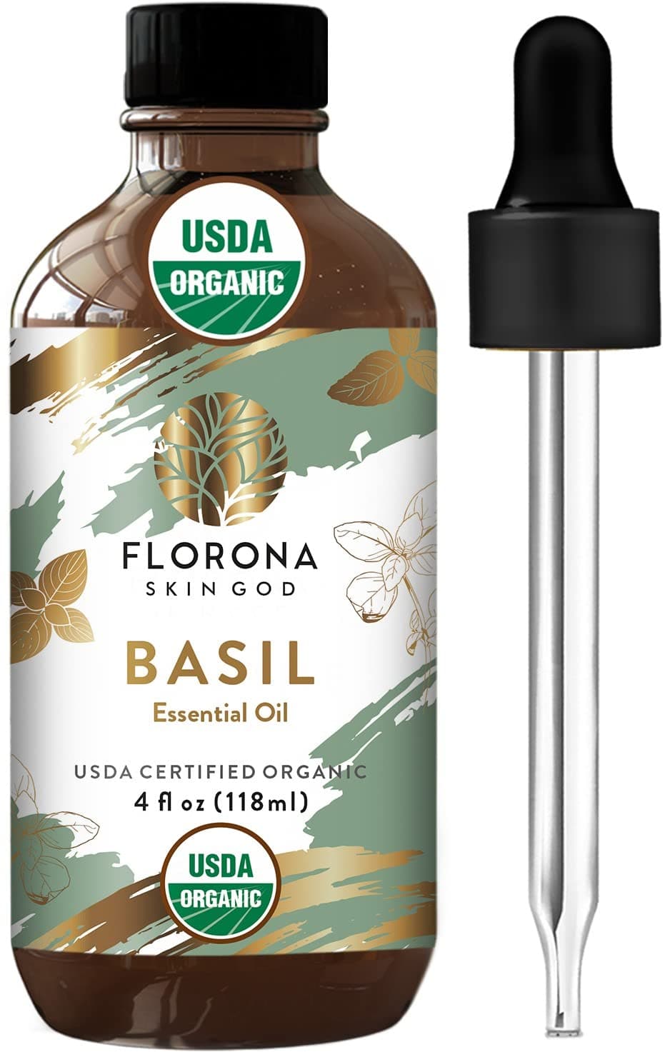 Florona Basil Essential Oil USDA Organic - 4 fl oz, Therapeutic Grade for Hair Care, Skin Care, Diffuser Aromatherapy - 4 fl oz