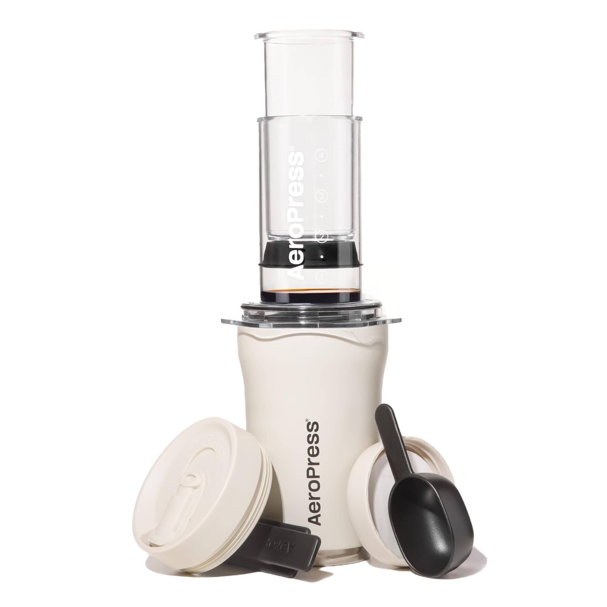 AeroPress Go Plus, Small Portable Coffee Maker for Travel & Camping - 3 In 1 Brew Method Combines French Press, Pourover, Espresso, Full Bodied Coffee without Bitterness, Coffee Press Kit - Cream