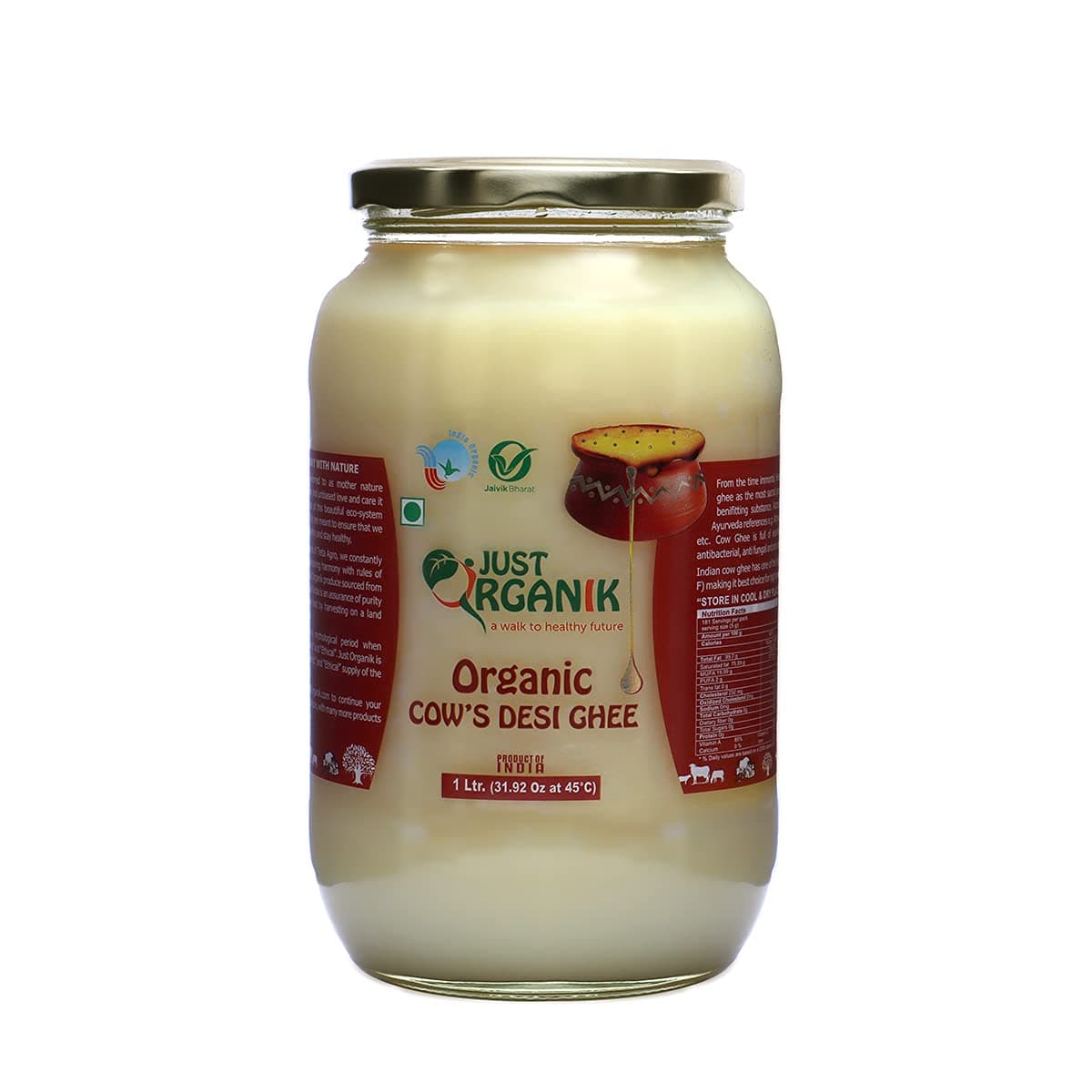 Just Organik Grass Fed Cow's Desi Indian Ghee - 1 Litre