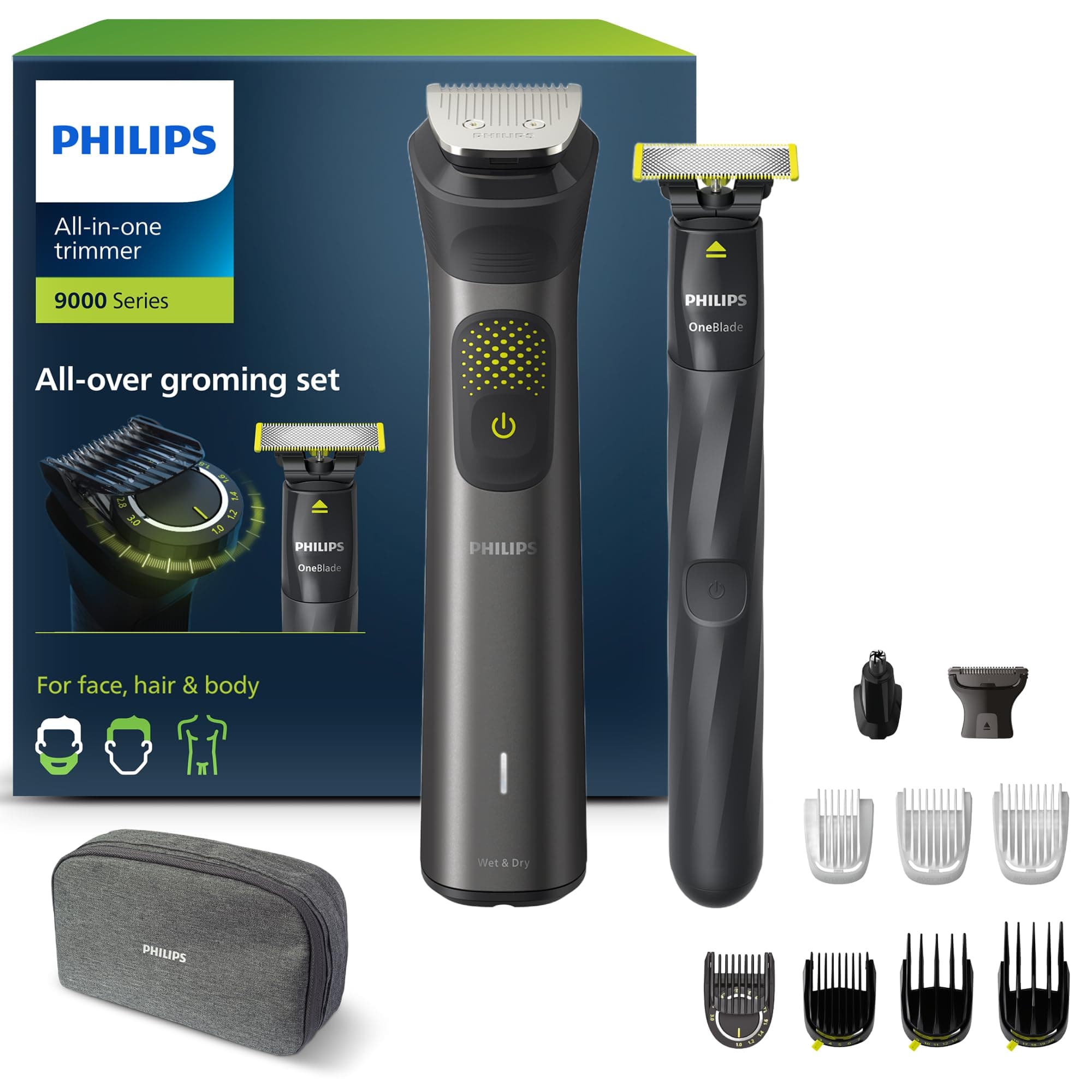 Series 9000 13-in-one Trimmer + OneBlade, All-Over Grooming Set, Precise Trim, Sharp Edges, Convenient Shave, 27 Length Settings (0.2-20 mm) (Model MG9530/15)