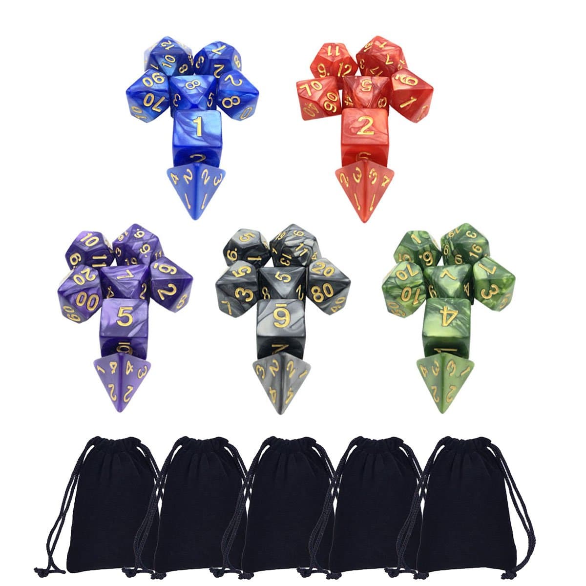 SMALUCK Polyhedral Dice, 5 x 7-Die Series 5 Colors Symphony Dungeons and Dragons DND RPG MTG Table Games Dice with Free Pouches