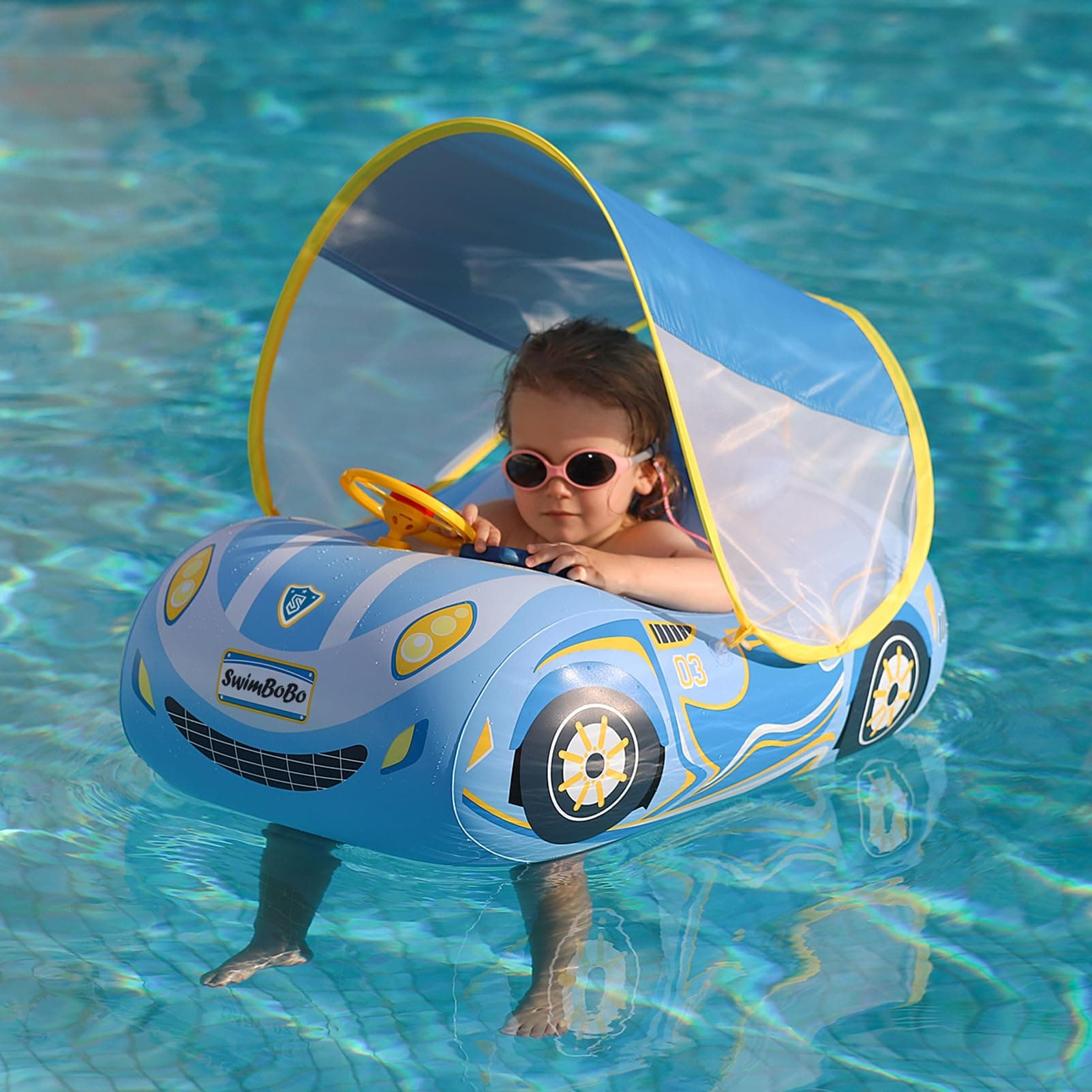 Swimbobo Toddler Pool Float Inflatable Car Baby Swim Float with Adjustable Sun Canopy and Safety Seat Pool Toys for Kids 6-72 Months (Blue Sports Car)