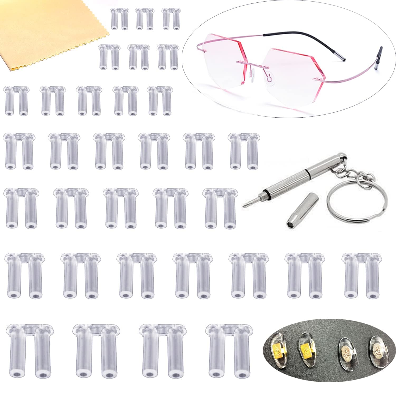 YouU 1.4/1.5/1.6/1.7/1.8/2.0mm Clear Plastic Compression Sleeves for Rimless Glasses Fixing Accessories Tools Eyeglasses Nose Pads with Multifunctional Glasses Screwdriver Glasses Cloth 130 pcs