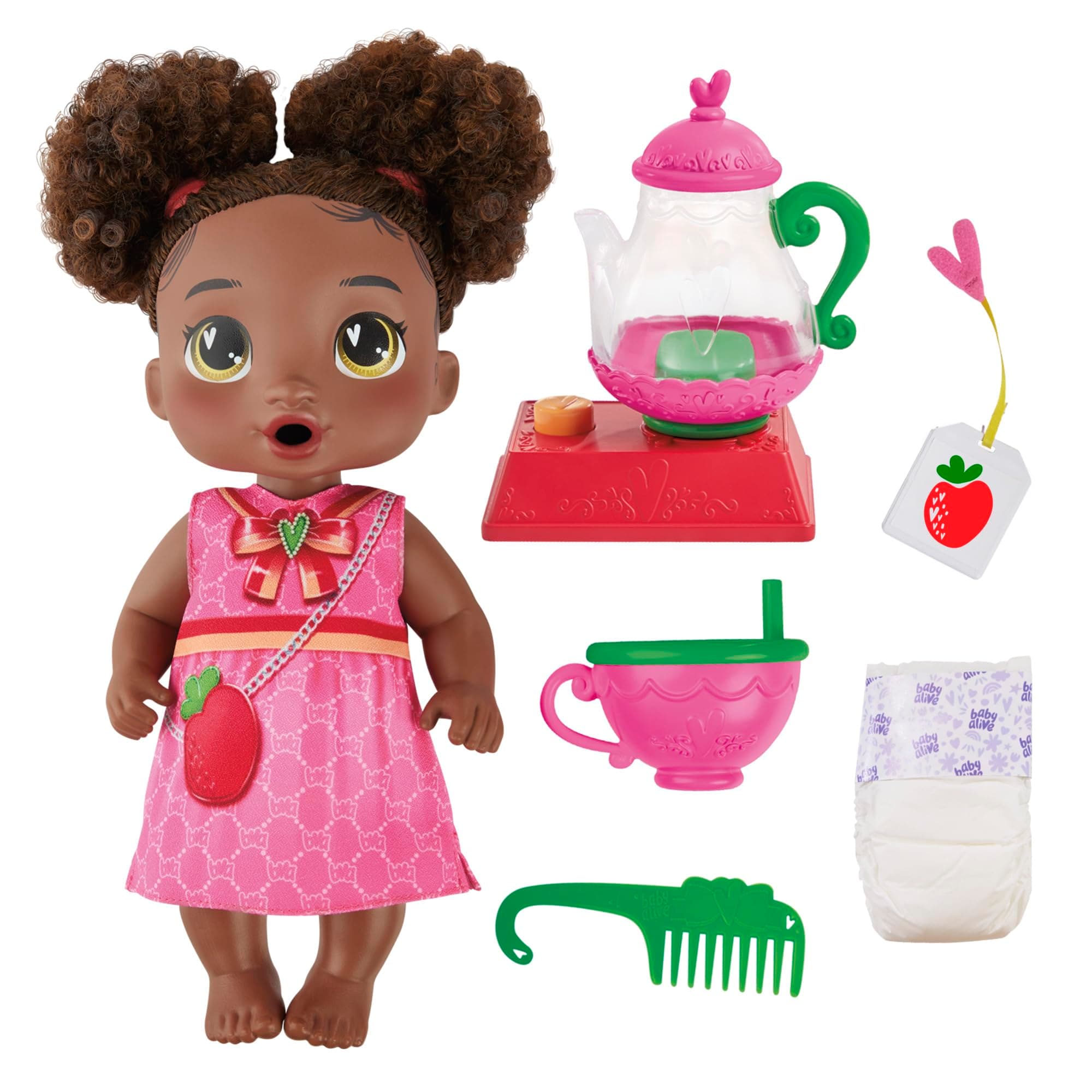 Bubbly Tea Party Berry Boo Doll with Teapot Accessories, Black Hair, 11 Inches, Toys for 3 Year Old Girls and Boys & Up