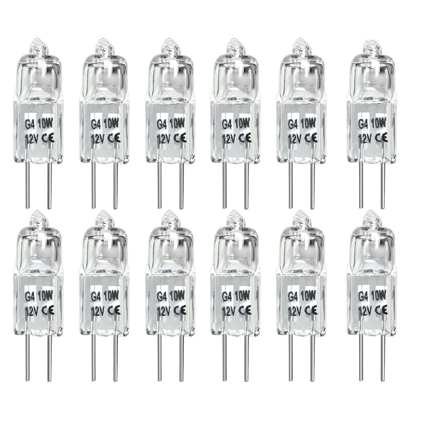 G4 Halogen Light Bulbs, 10W Bin-Pin(2pin)12 Volts JC Type,Clear Bulb Pack of 12