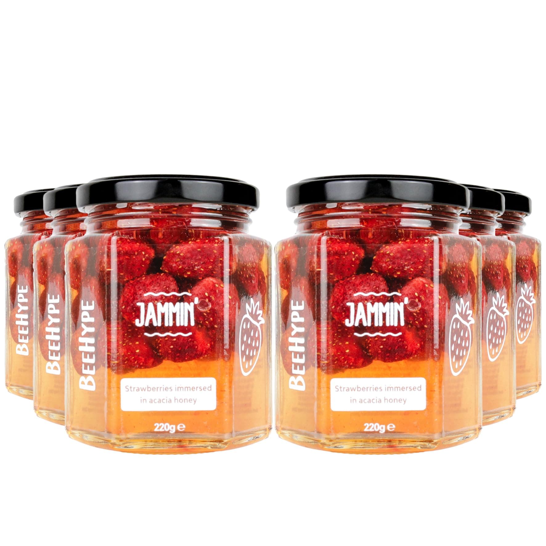 BeeHype, Jammin’, Strawberries in Pure Acacia Honey with Vitamins, Minerals, and Antioxidants, 6 x 220g