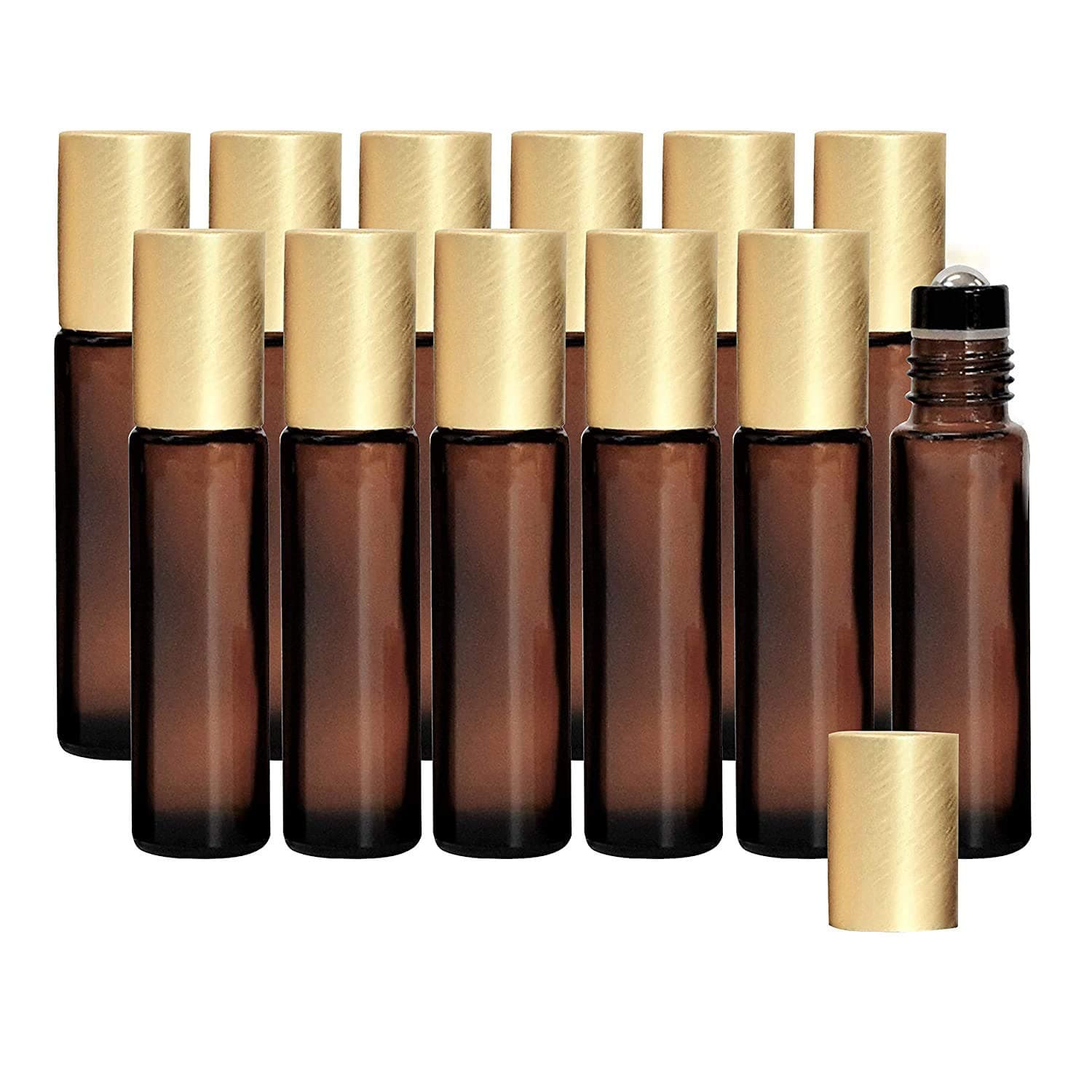 12-Pack 10ml Amber Glass Roller Bottles with Brushed Gold Leakproof Caps – Premium Empty Roll-On Bottles for Essential Oils, Perfumes, Serums, DIY Aromatherapy & Beauty Products