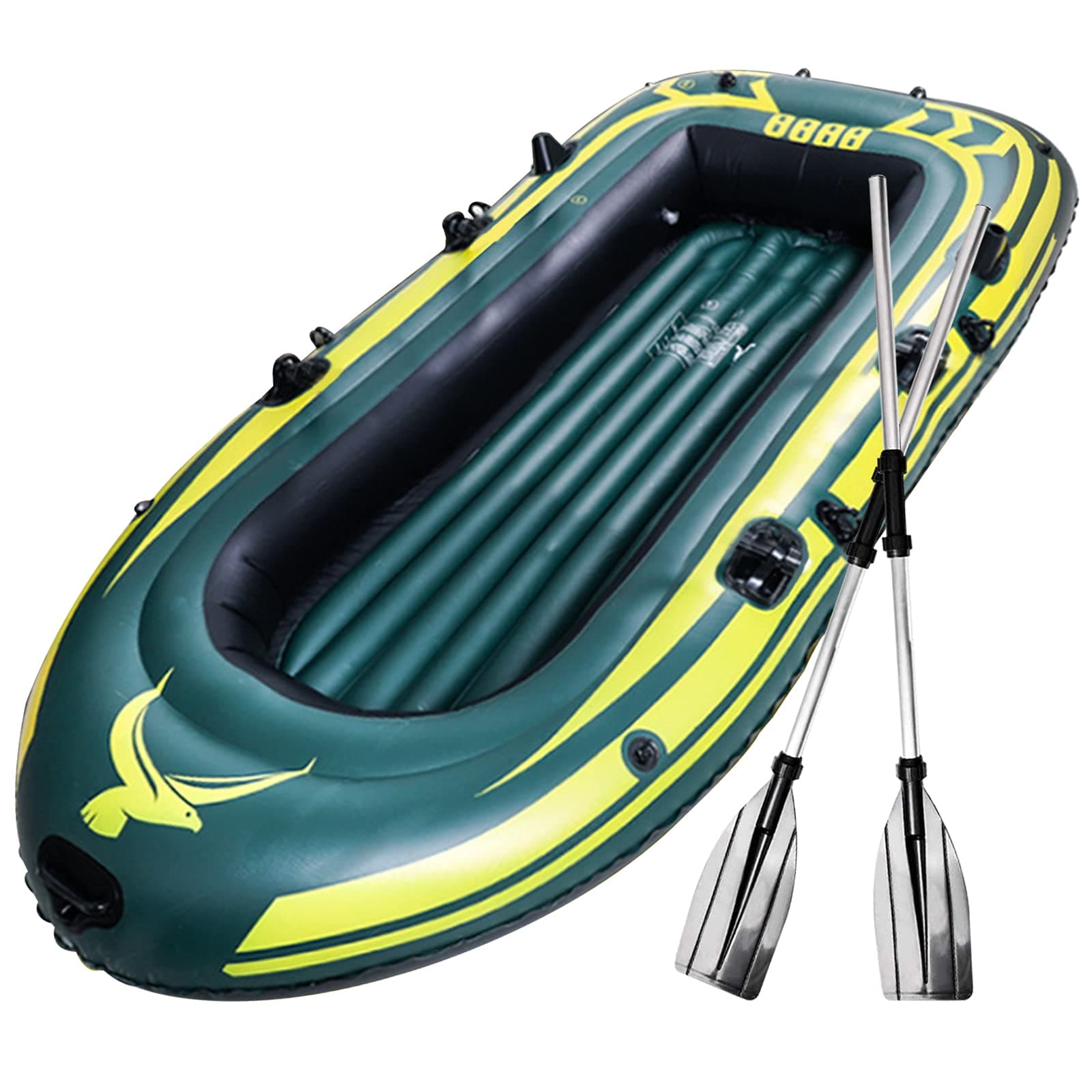 Timstono Inflatable Boat Canoe Series 9FT 4 Person Raft Inflatable Kayak with Air Pump, Portable Camouflage Fishing Boat Kayak Aluminum Oars,Cushion, Rope,Repair Patch, for Lakes,Rivers and Islands
