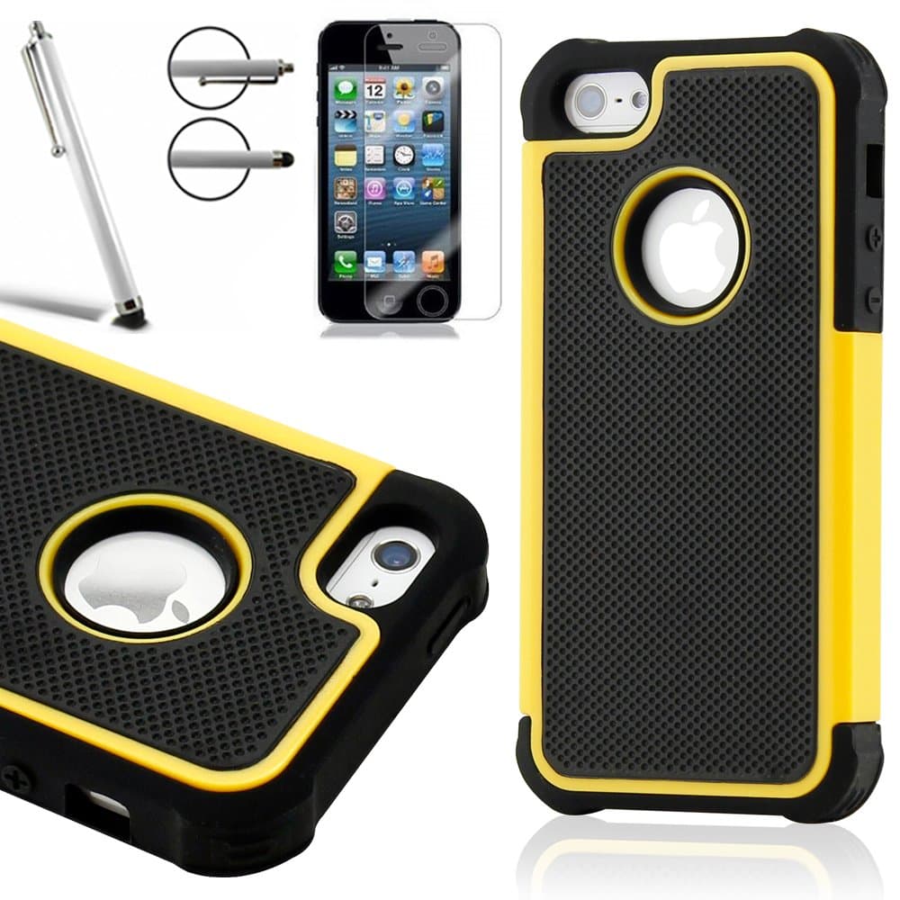 iPhone 5 Case, iPhone 5S Case, Zeox® Rugged Sereis Hard PC and Soft TPU Case Cover with Screen Protector and Stylus- Rugged (Yellow)