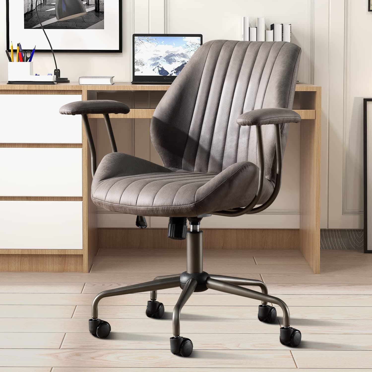 oviosLuxury Ergonomic Home Office Chair, Comfy Faux Leather Chairs with Swivel Rolling Wheels Padded Armrests, Mid-Century Modern Computer Task Executive Armchair, GreyThe Forest Stewardship Council