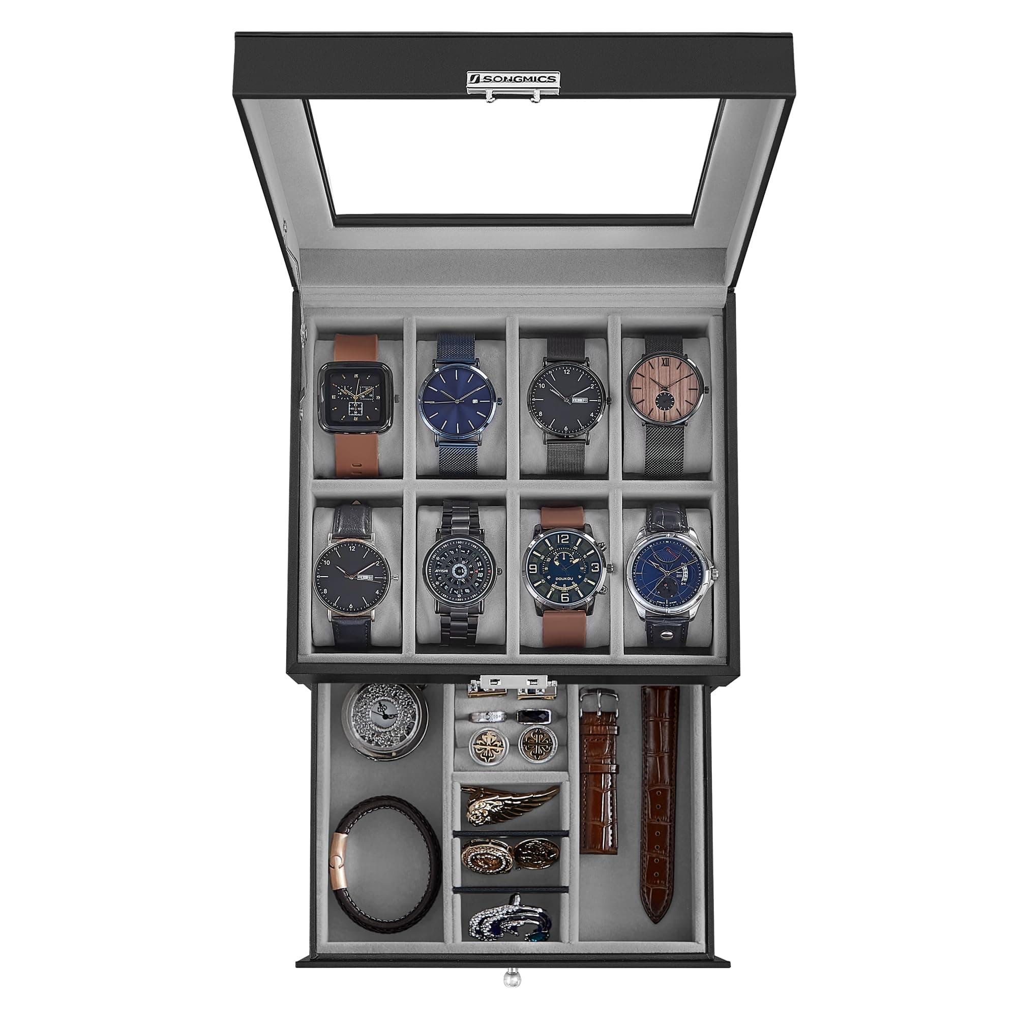 SONGMICS Watch Box, 8-Slot Watch Case Organizer with Large Glass Lid, 2 Layers, Removable Pillows, Metal Lock, Gift for Loved Ones, Black Synthetic Leather, Greenish Gray Lining UJWB080G01