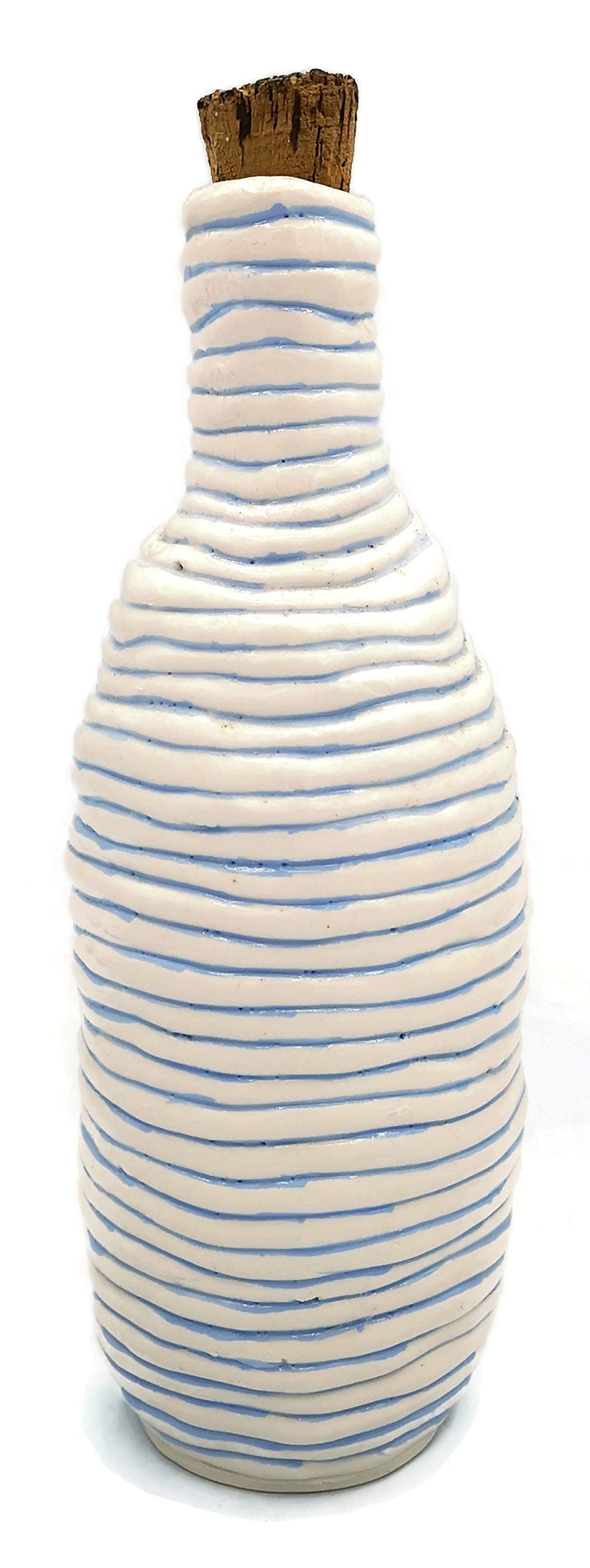 Handmade White and Blue Decorative Ceramic Bottles With Cork Stoppers, Portuguese Handmade Clay, Eclectic Home Decor Accents