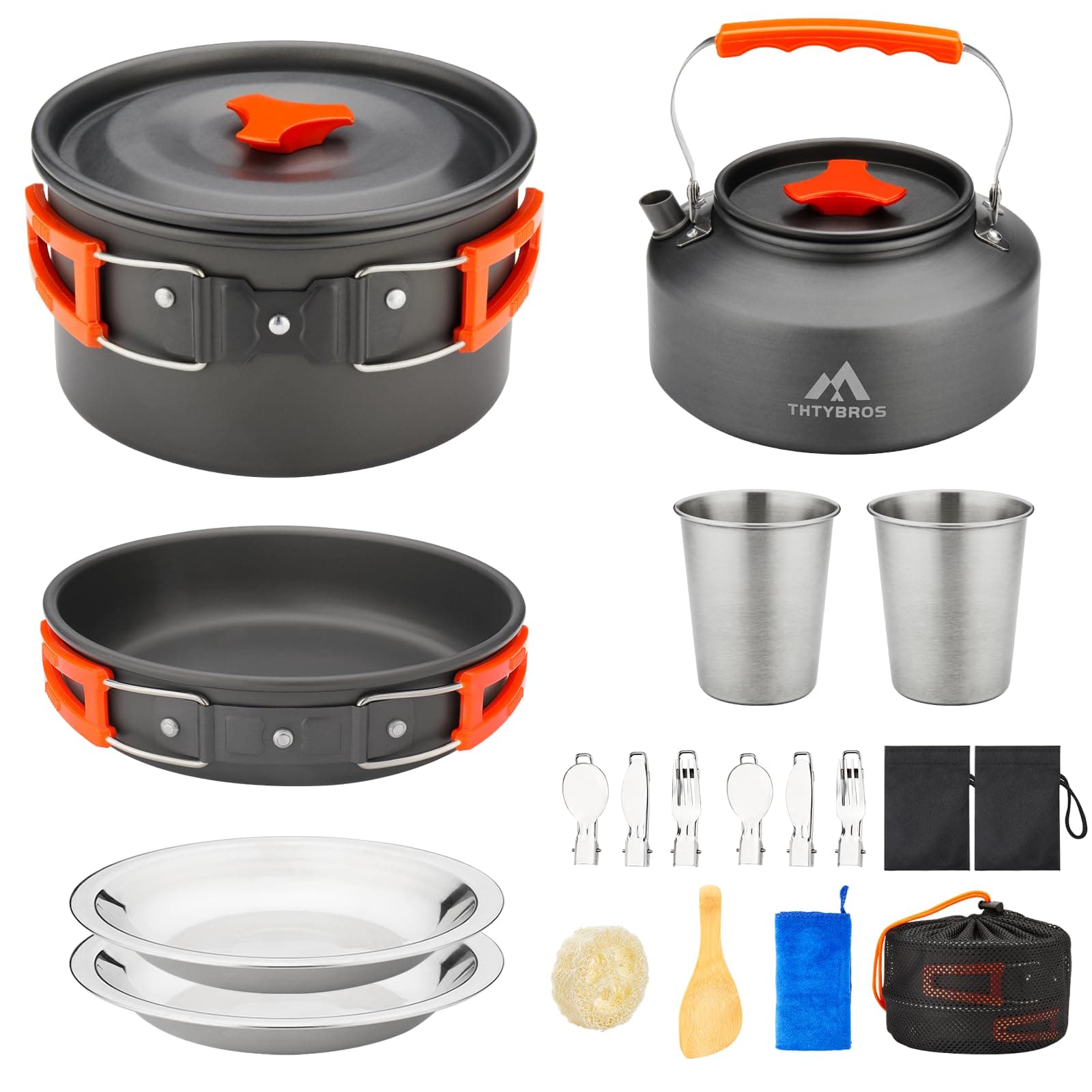 17pcs Camping Cookware Kit, 0.45Gal Pot, 7inches Pan,0.30Gal Kettle Set with 2 Set Stainless Steel Cups Plates Forks Knives Spoons for Hiking