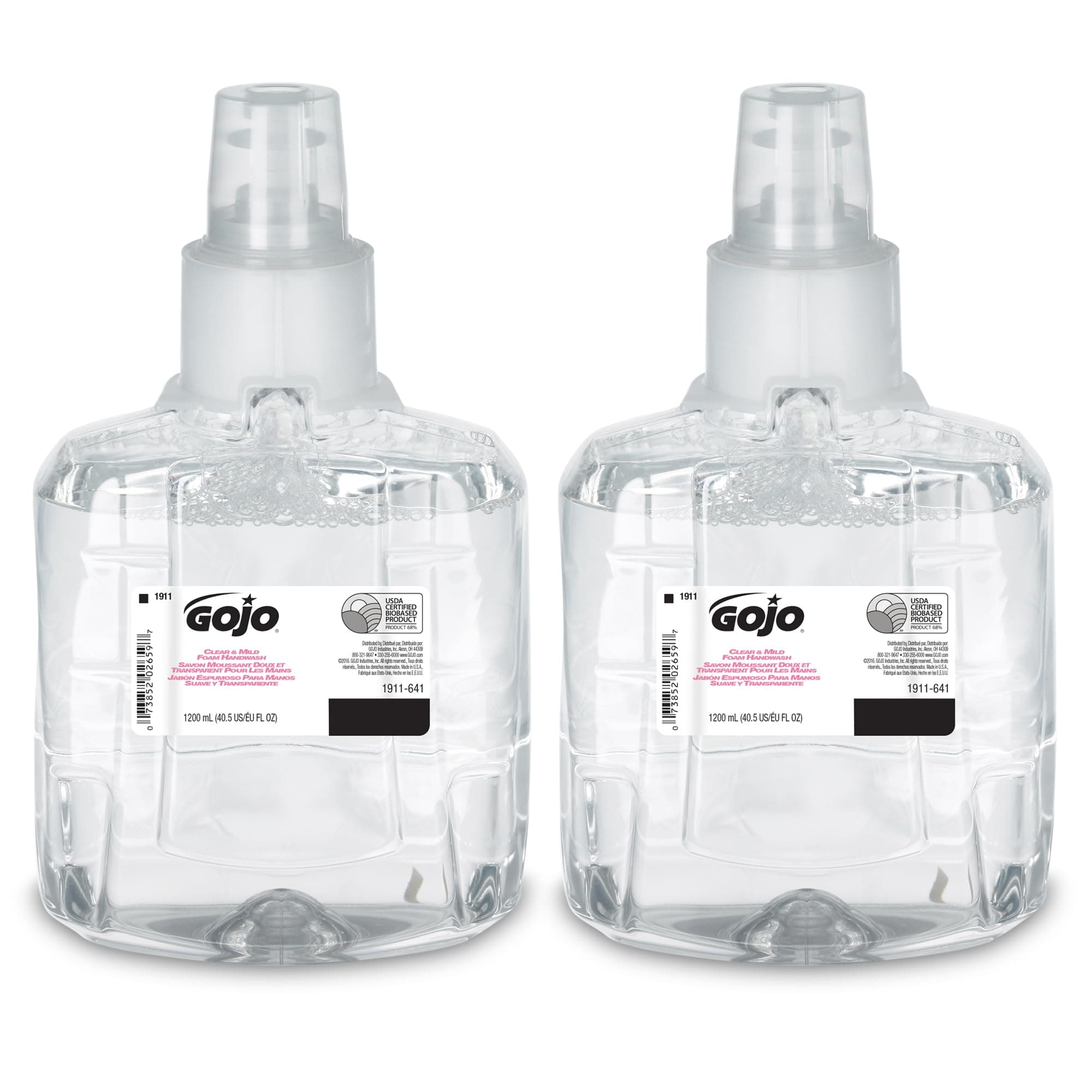GOJO Clear & Mild Foam Handwash, EcoLogo Certified, 1200 mL Foam Hand Soap Refill LTX-12 Touch-Free Dispenser (Pack of 2) - 1911-02