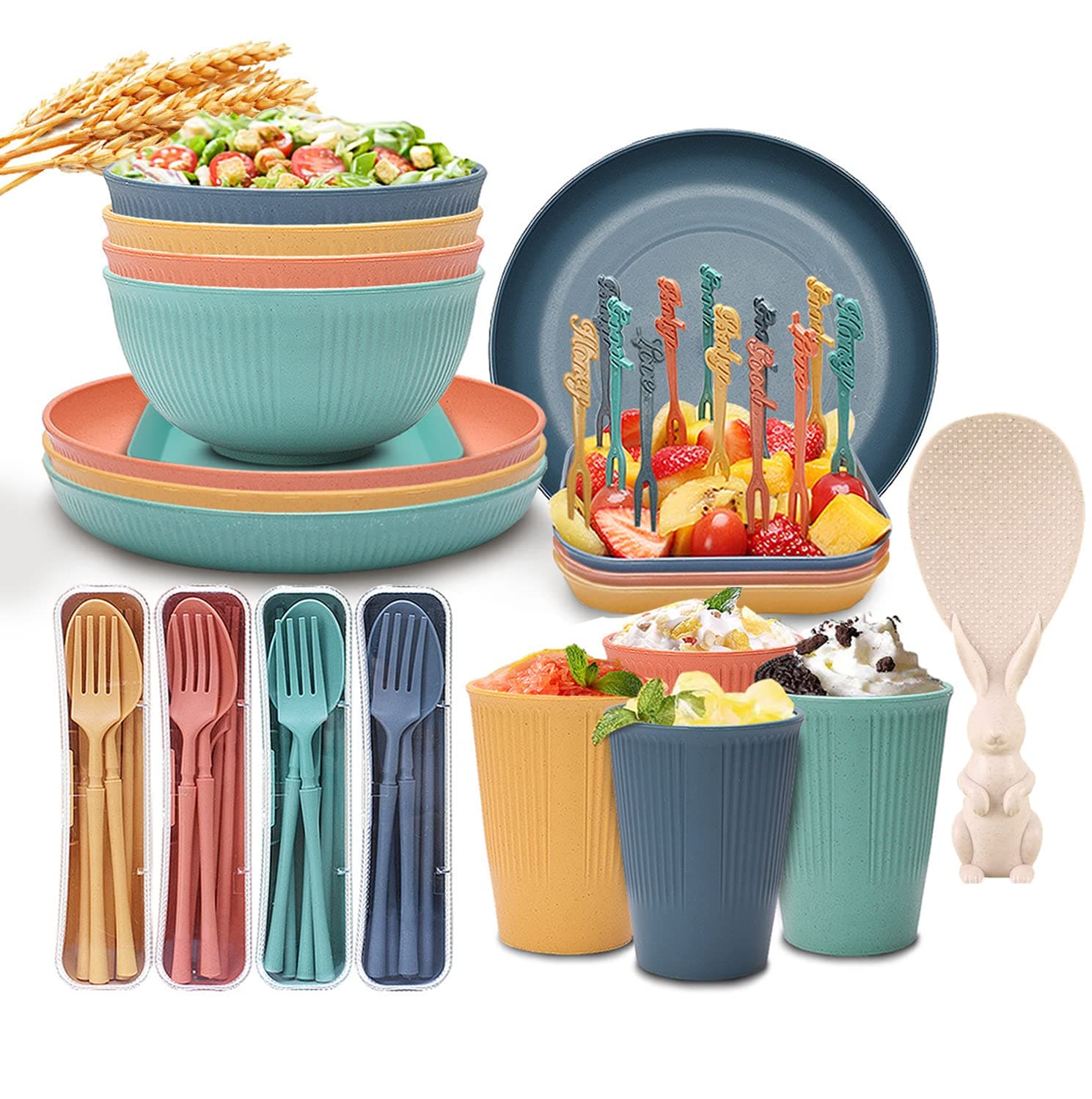 IS MUHE Wheat Straw Dinnerware Sets, utensil set, Unbreakable Dinnerware for Kids, Dinner Plates, Dessert Plate, Cereal Bowls, Cups, Wheat Straw Cutlery,Fruit fork(48Pcs) (four-color)