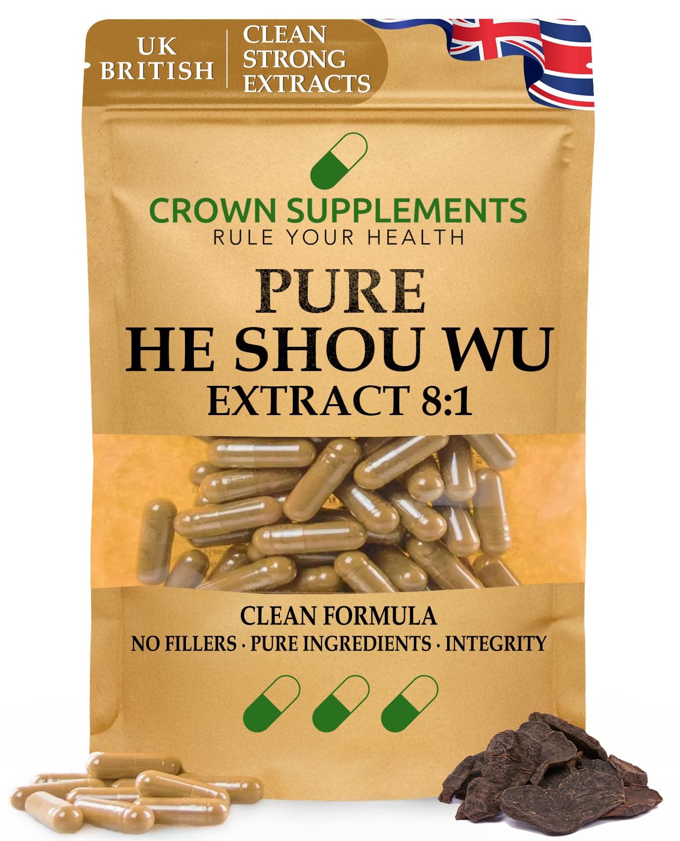 Pure He Shou Wu Capsules (Fo Ti) Extract | Clean Supplements Aging Health Hair Colour Grey Hair Prevent Colour Maintain Hair Care | Crown Supplements (90 Capsules)