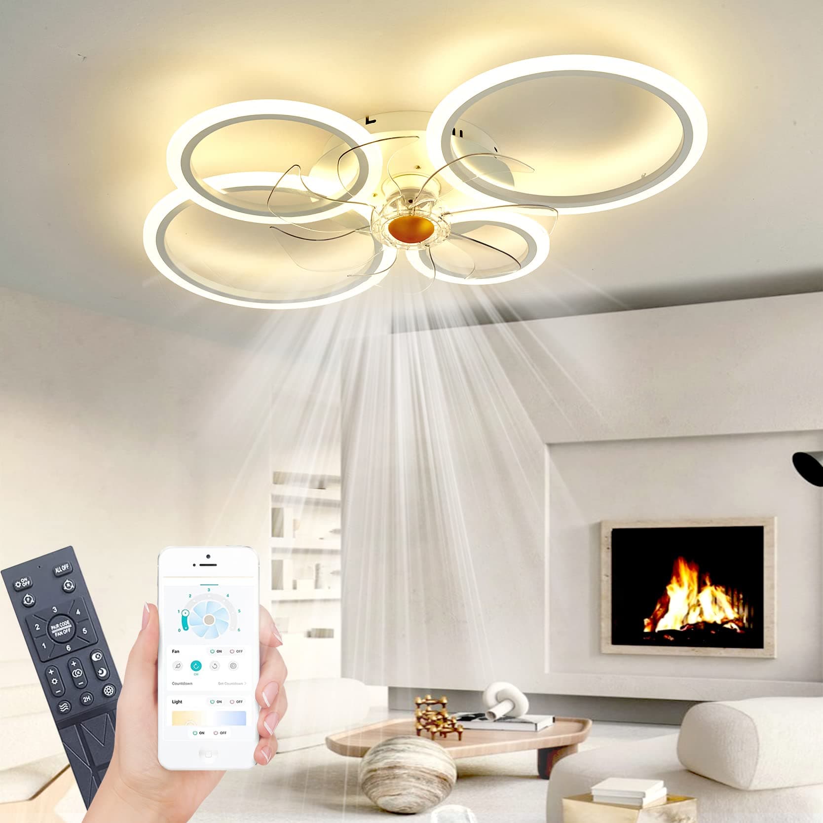WODA Shang MaoCeiling Fan with Light, White, L80cm, Dimmable LED Living Room Bedroom Fan Light with Remote Control, 6-Speed, Memory, Timer, APP