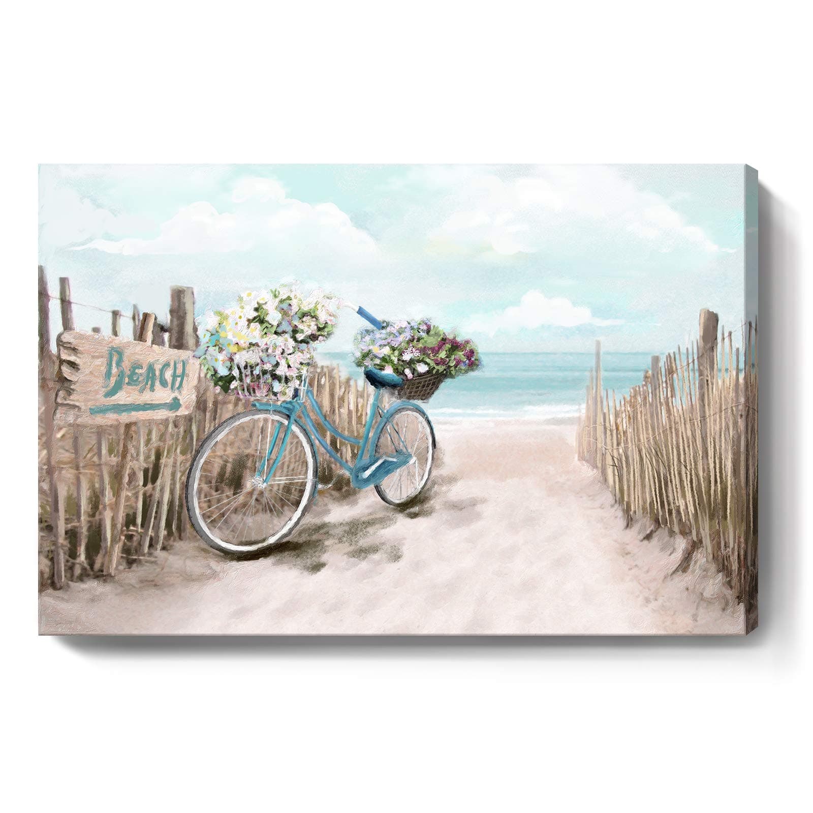 Large Wall Art for Living Room Décor Beach Picture Wall Art Modern Framed Sea Seaside Bicycle Canvas Print Seascape Artwork Ocean Painting for Home Bedroom Teal Aqua Turquoise 36x24inch