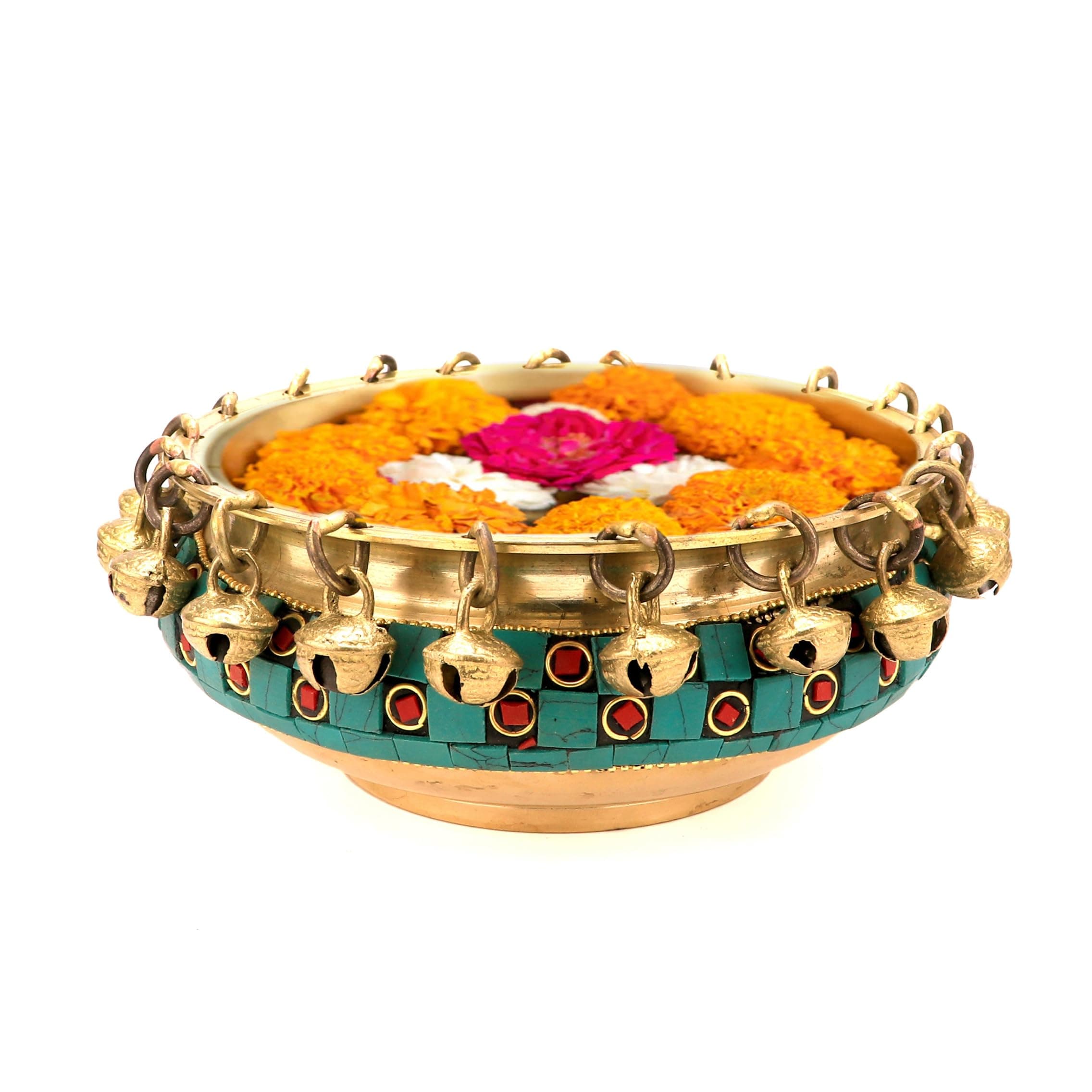 Two Moustaches 6 Inches 100% Pure Brass Urli Ethnic Traditional Bowl with Bells, Gemstone Work, Material - Brass, Pack of 1, Heavy - 1.1 Kg