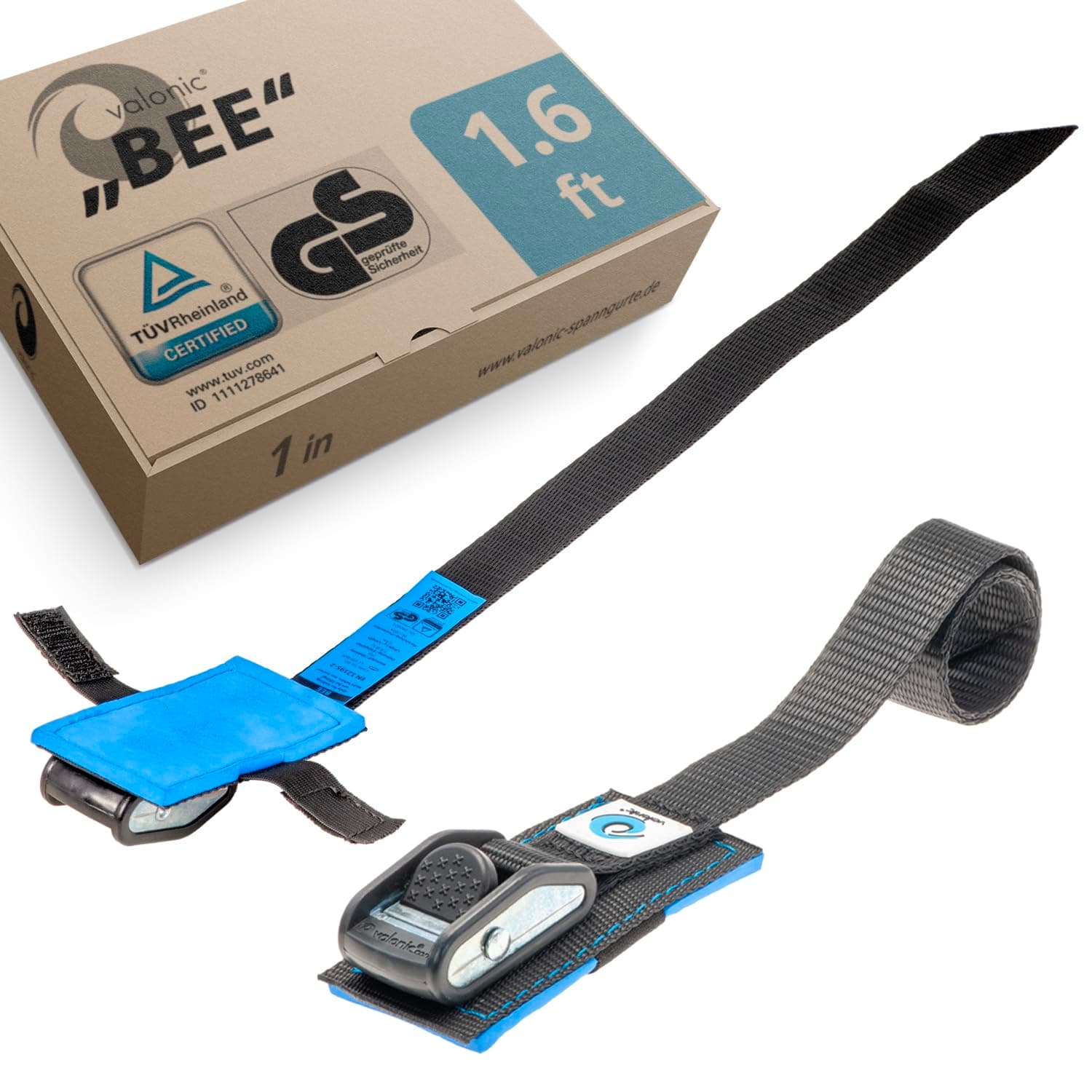 valonic BEE - Short tie Down Straps - 2 Pack, 1.6 ft x 1 inch, 2200 lbs, Protection pad, cam Buckle - for Bicycle, E-Bike, Bike Rack, roof Rack