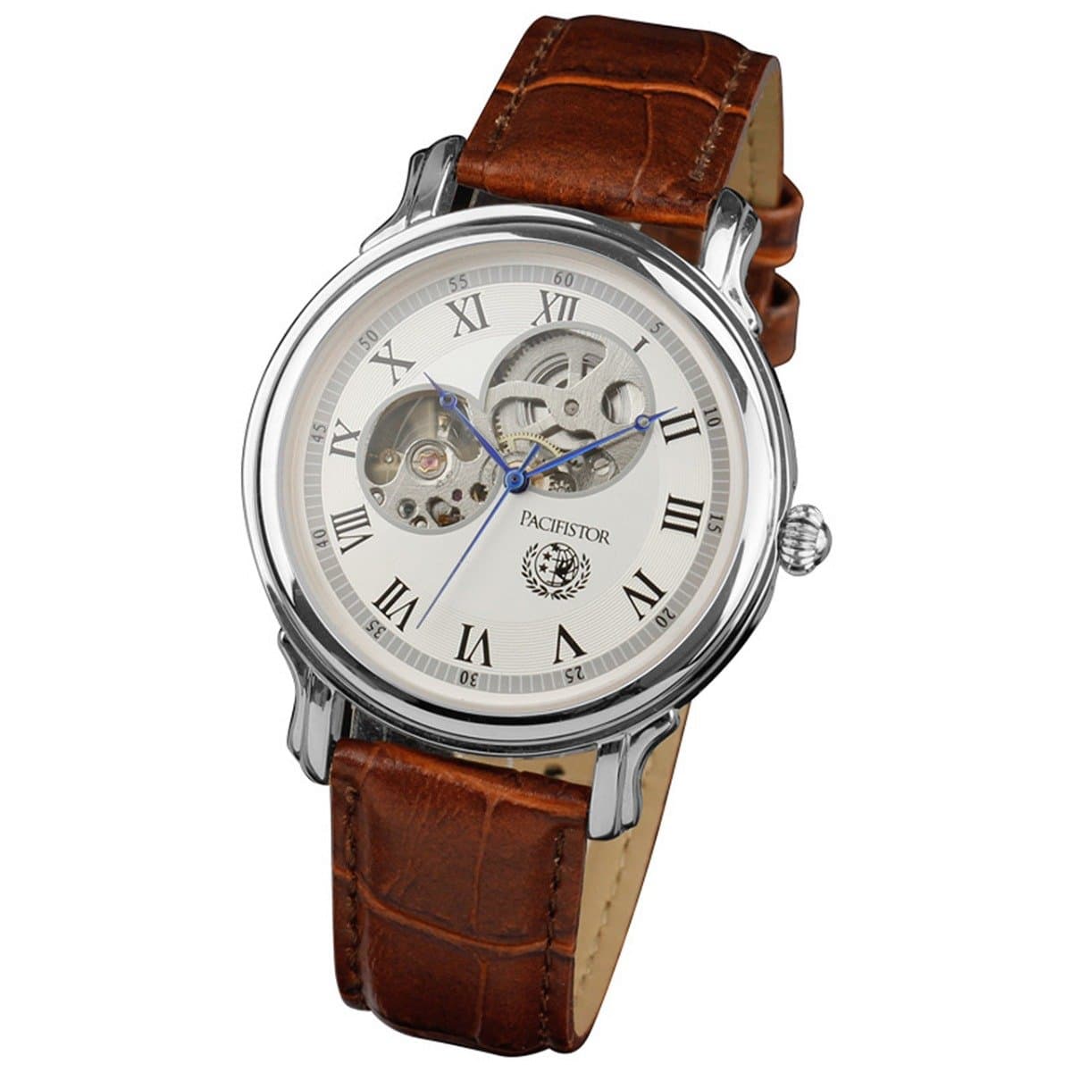 Pacifistor Men's Brown Leather Manul Wind Mechanical Wrist Watch Windup Clock