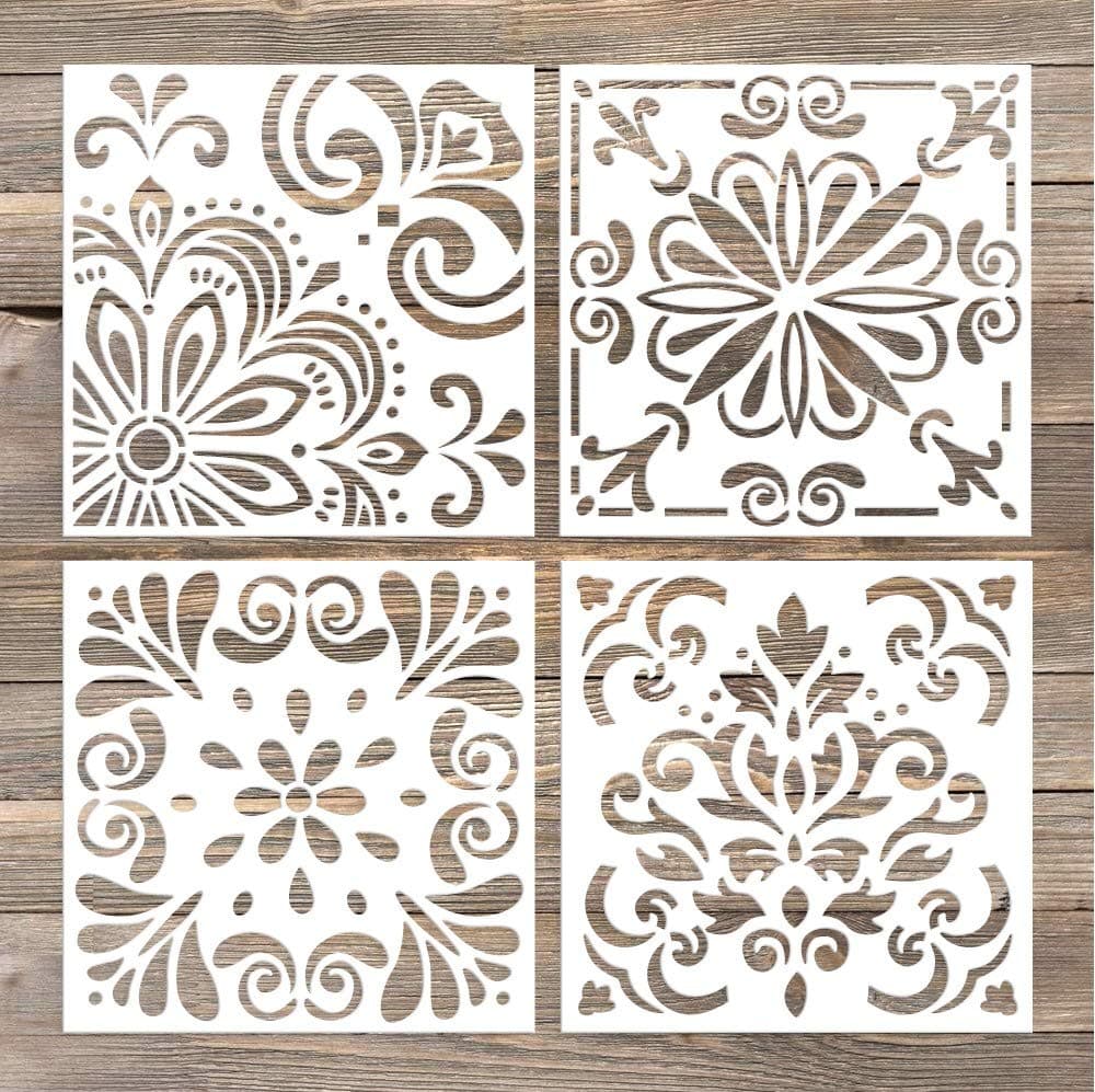 GSS Designs Pack of 4 Stencils Set (6x6 Inch) Laser Cut Painting Stencil Floor Wall Tile Fabric Wood Stencils -Reusable Template (SL-006)