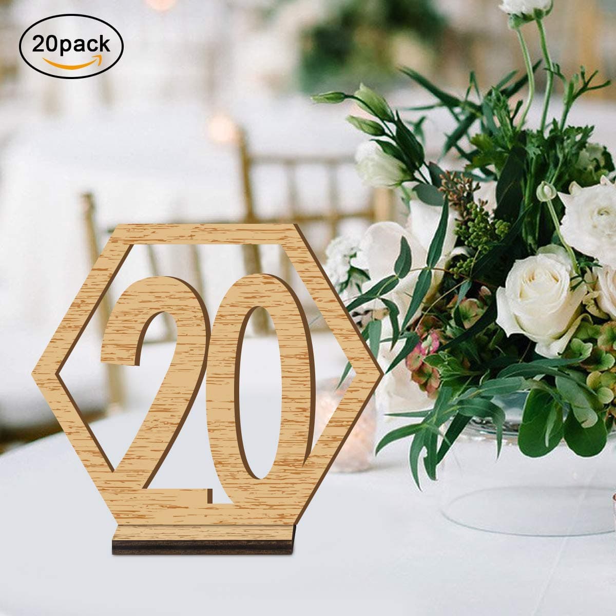 ElekFX Table Numbers 20 Pack 1-20 Wedding Wooden Table Number with Base, Party Table Numbers Double Sided Design Table Holder for Wedding/Party Reception and Decoration (M)