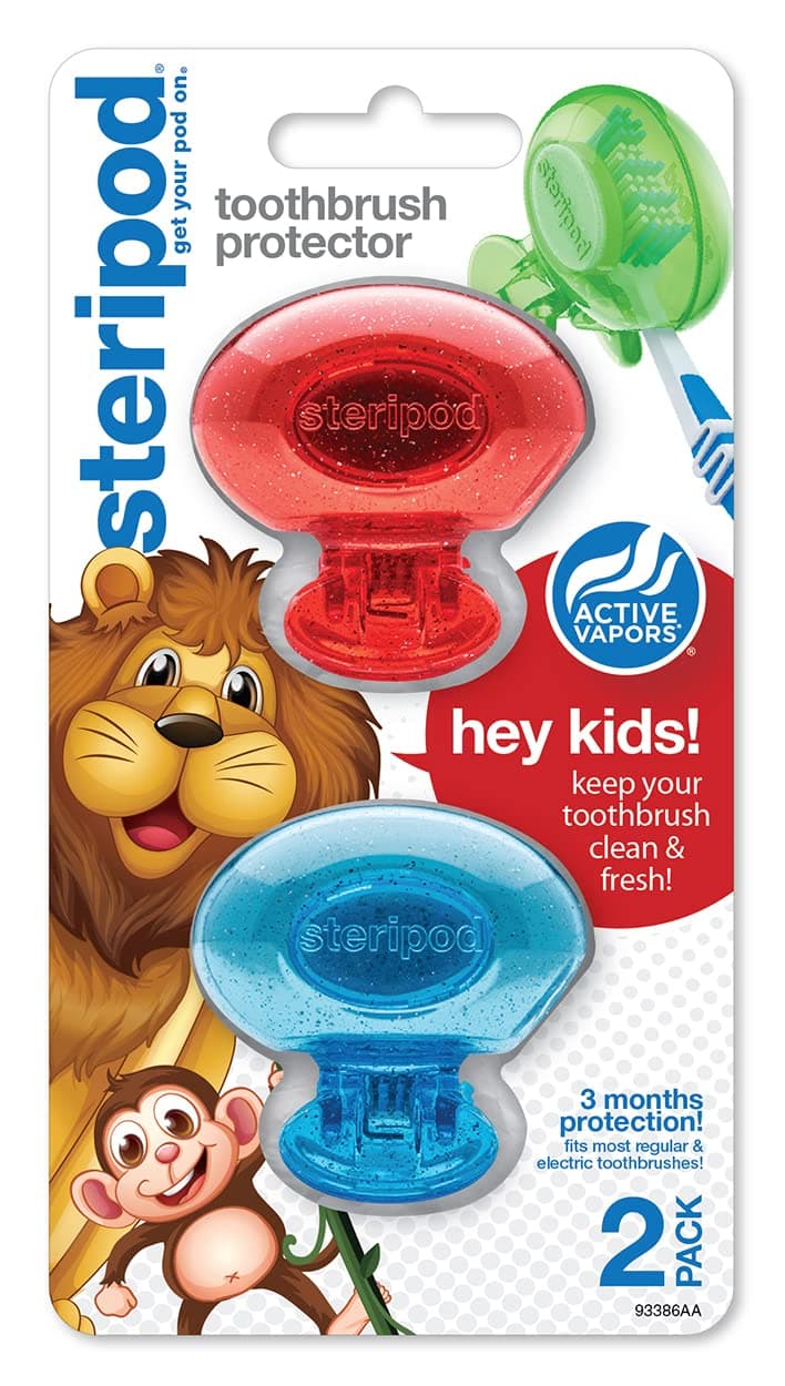 Steripod Kids' Clip-On Toothbrush Protector, Keeps Toothbrush Fresh and Clean, Fits Most Manual and Electric Toothbrushes, Red and Blue Glitter, 2 Count