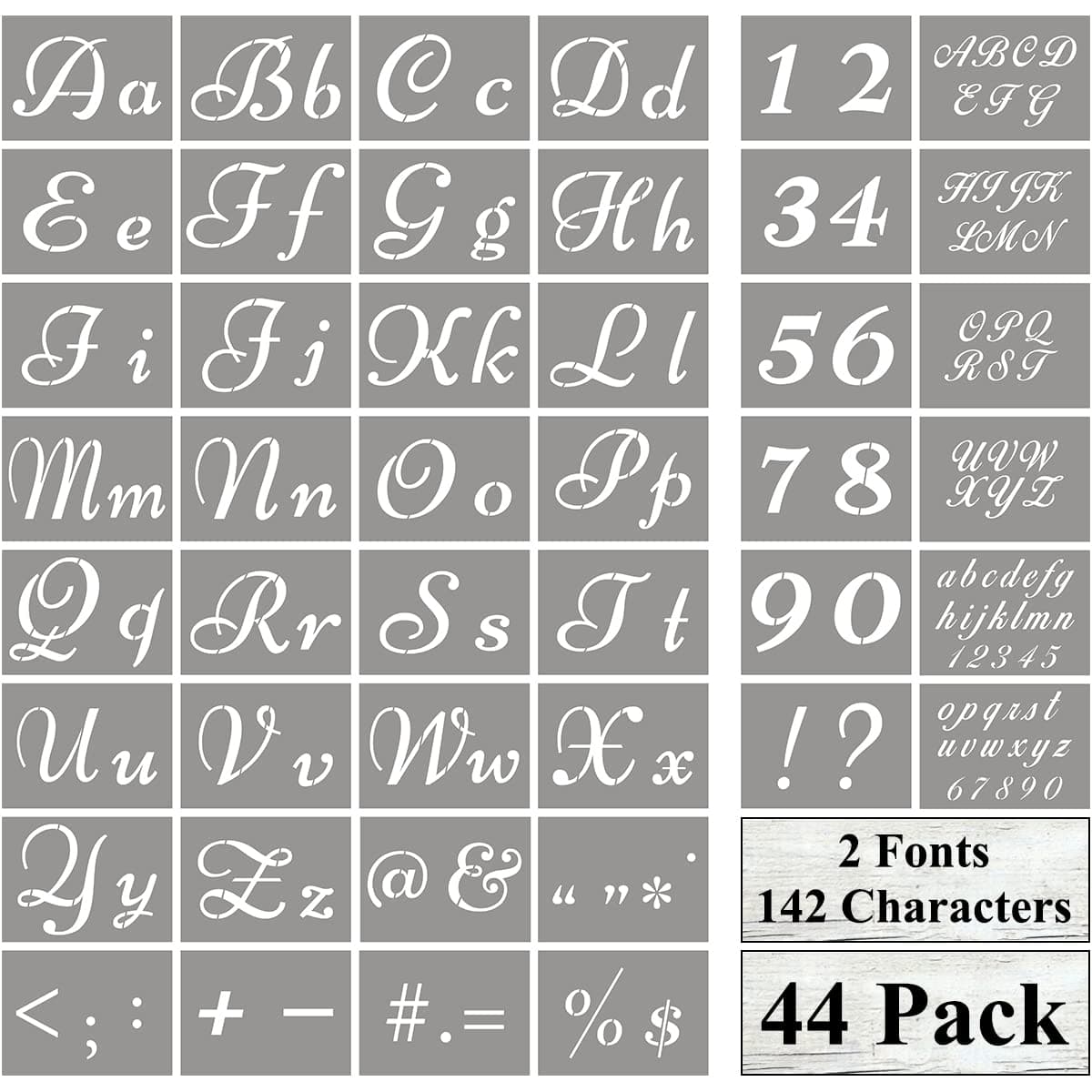 Letter Stencils for Painting on Wood - 44 Pack Alphabet Stencil Templates with Numbers and Signs, Reusable Plastic Stencils in 2 Fonts and 142 Designs for Wood Burning & Wall Art