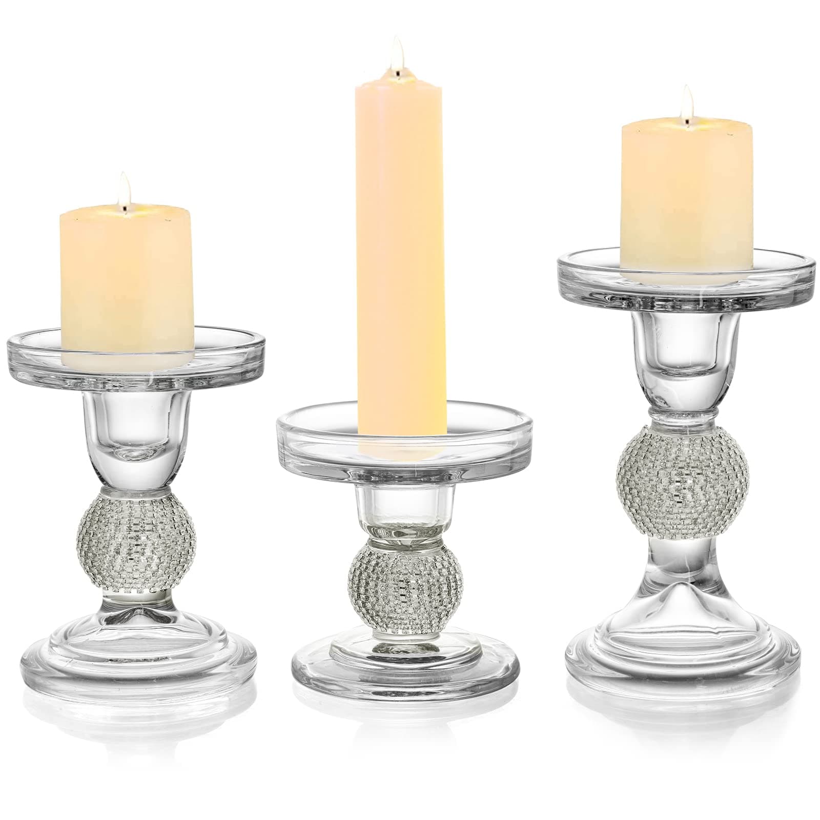 AVLA Set of 3 Glass Candle Holder, Crystal Clear Pillar Candle Stand, Decorative Taper Candlestick Holders, Elegant Unity Candle Holder with Rhinestone for Wedding Home Dinner Table Party Church