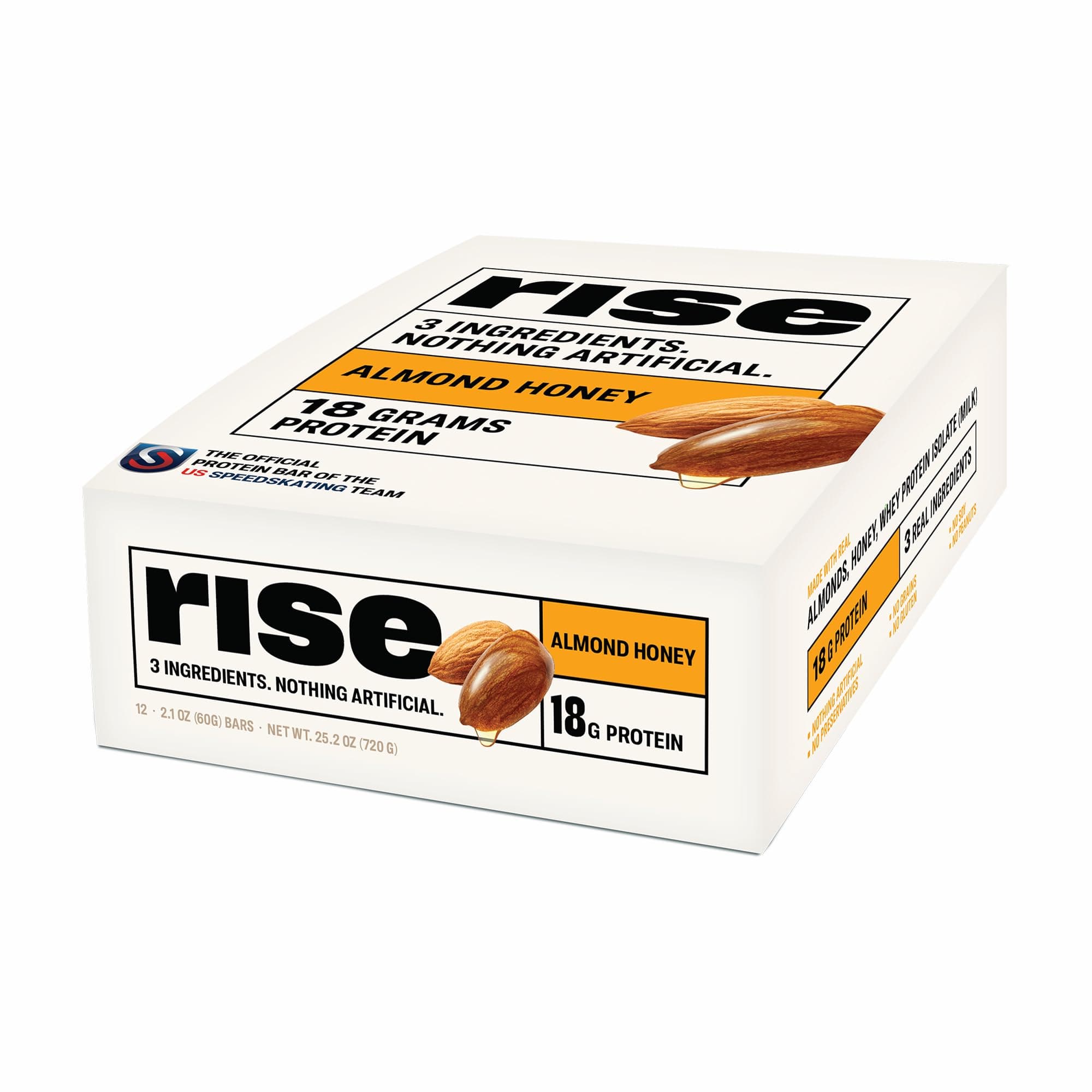Rise Bar Non-GMO, Gluten Free, Soy Free, Real Whole Food, Whey Protein Bar (20g), No Added Sugar, Almond Honey High Protein Bar with Fiber, Potassium, Natural Vitamins & Nutrients 2.1oz, (12 Count)