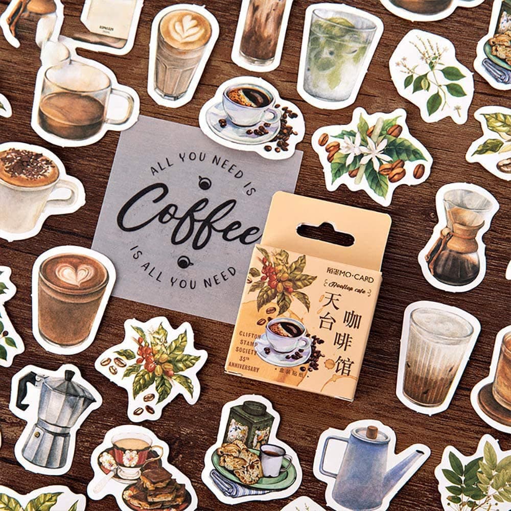 Small Size Laptop Stickers, 46pcs Doraking Boxed DIY Decoration Coffee Theme Stickers for Laptop, Planners, Scrapbook, Suitcase, Diary, Notebooks, Album(Cafe, 46pcs/ Box)