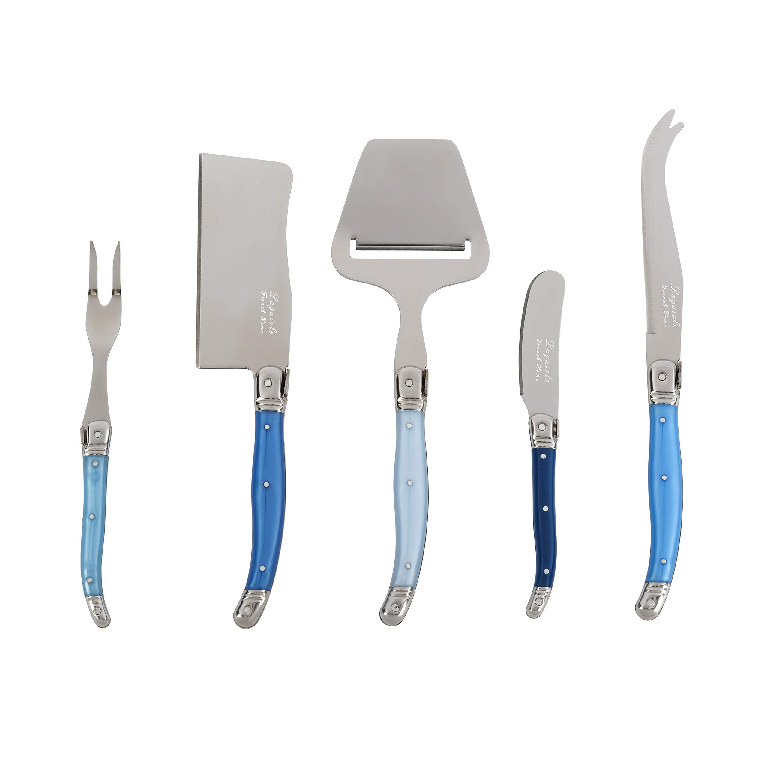 5-Piece Laguiole Cheese Knives Set with Fork and Slicer – Versatile Charcuterie Board Accessories with Three-Rivet Shade of Blue Handles & Iconic Bee Emblem
