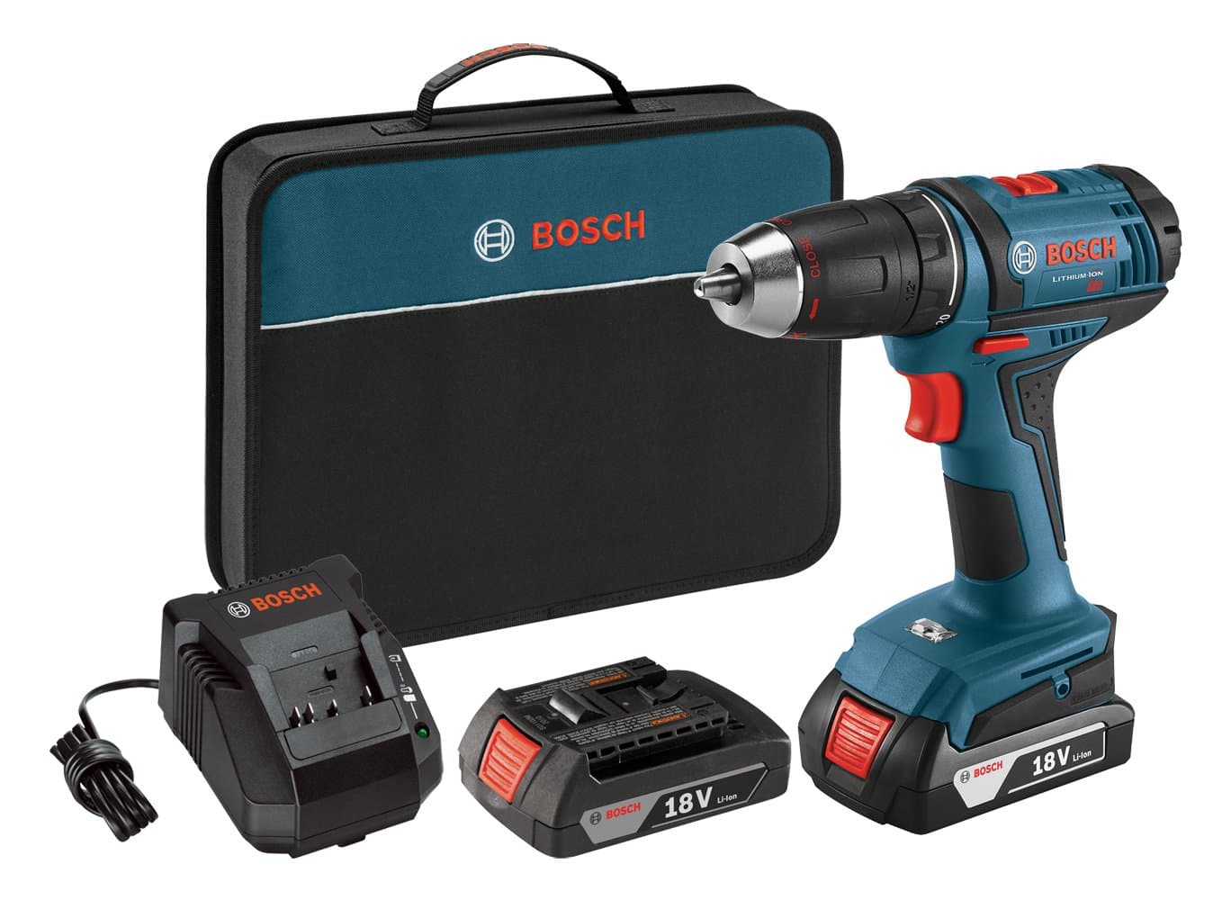Bosch Power Tools Drill Driver Kit DDB181-02 - 18V Cordless Drill/Driver Tool Set with 2 Lithium Ion Batteries, 18 Volt Charger, & Soft Carry Contractor Bag