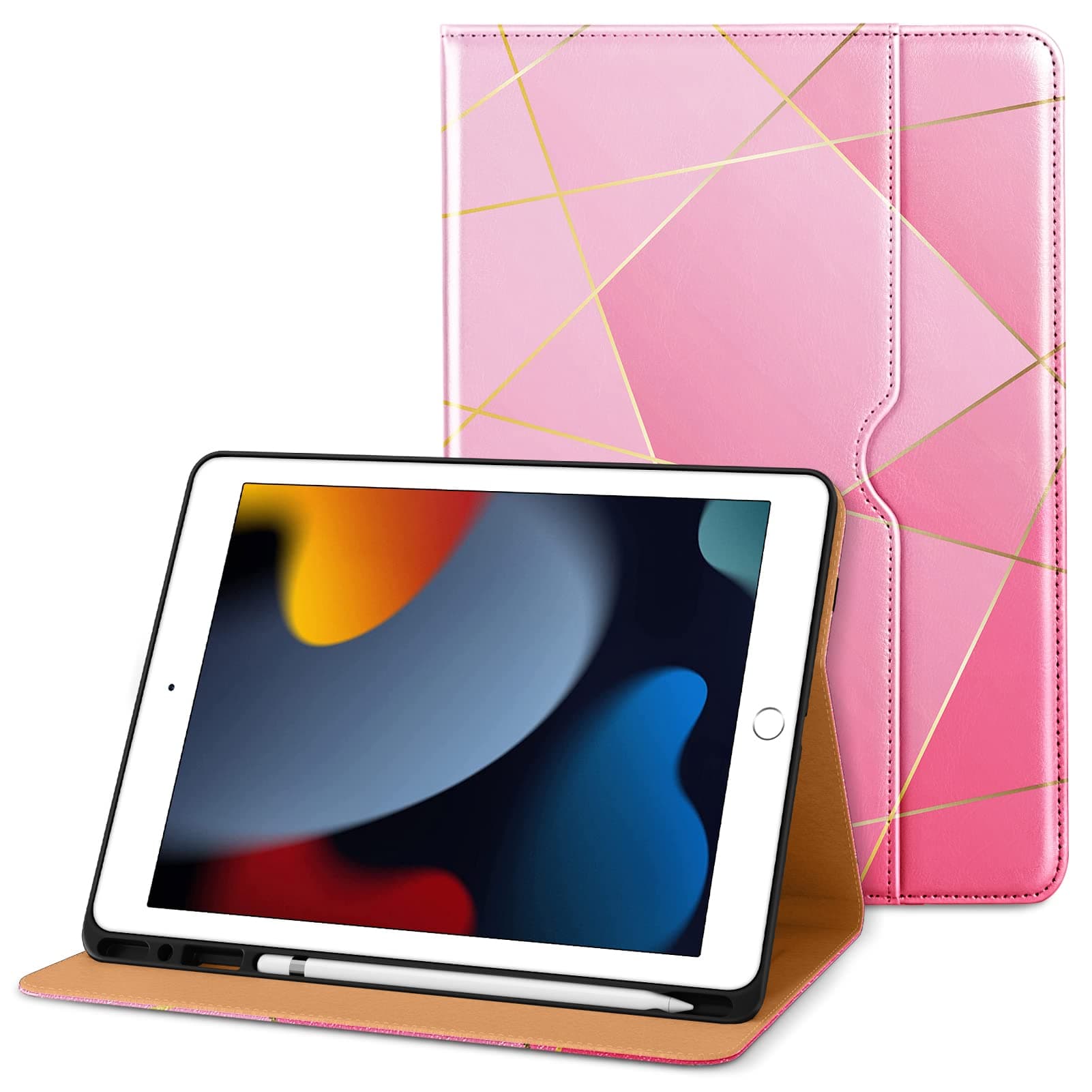 DTTO iPad 9th/8th/7th Generation 10.2 Inch Case 2021/2020/2019, Premium Leather Business Folio Stand Cover with Apple Pencil Holder - Auto Wake/Sleep and Multiple Viewing Angles, Abstract Polygons