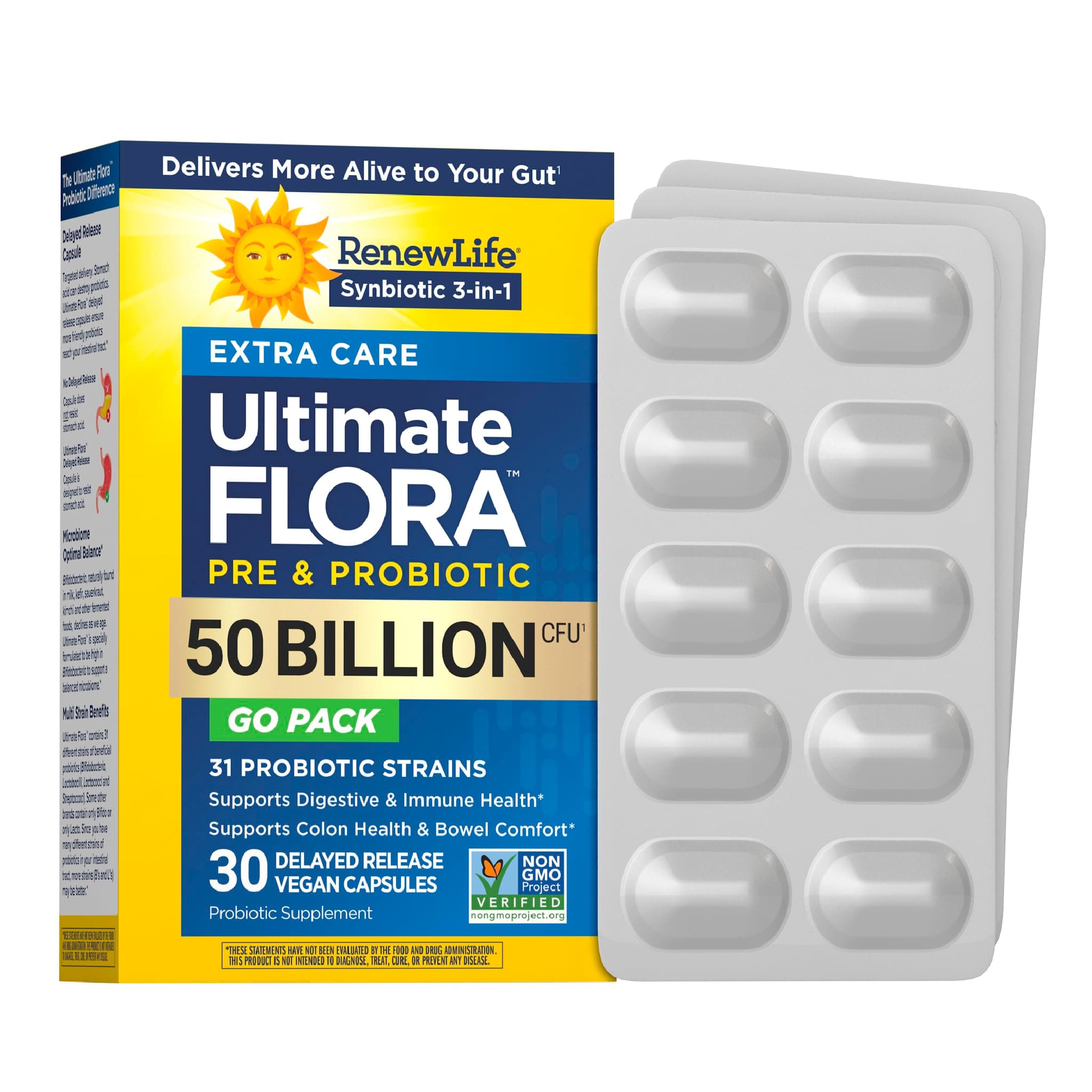 Adult Probiotics, 50 Billion CFU Guaranteed, Extra Care Go-Pack, Probiotic Supplement for Digestive & Immune Health, Shelf Stable, Gluten Dairy & Soy Free, 30 Capsules