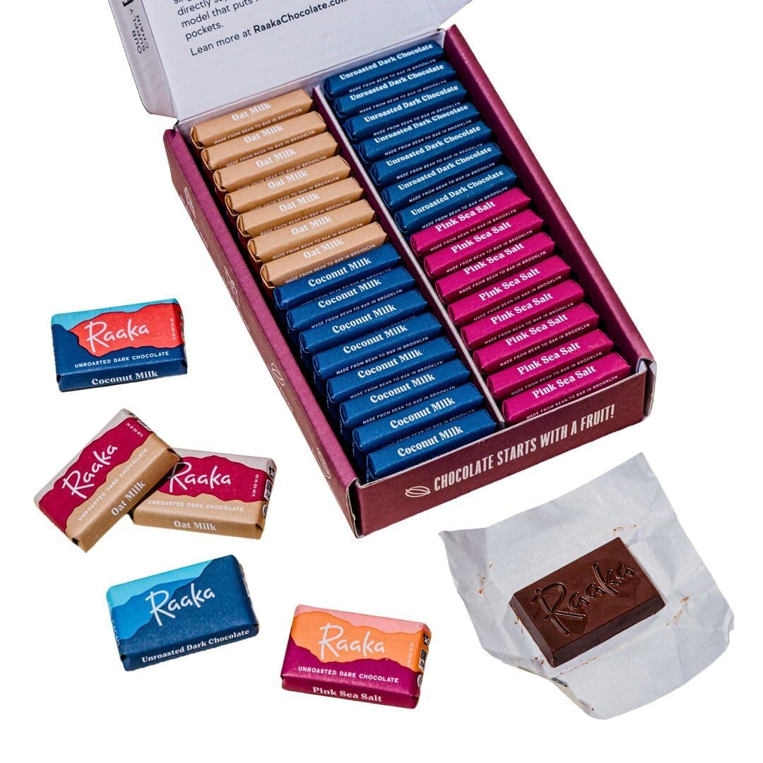 Raaka Dark Chocolate Gift Box | Mini Dark Chocolate Variety Pack | Organic, Vegan, Gluten Free | Box of 30 Individually Wrapped Chocolates