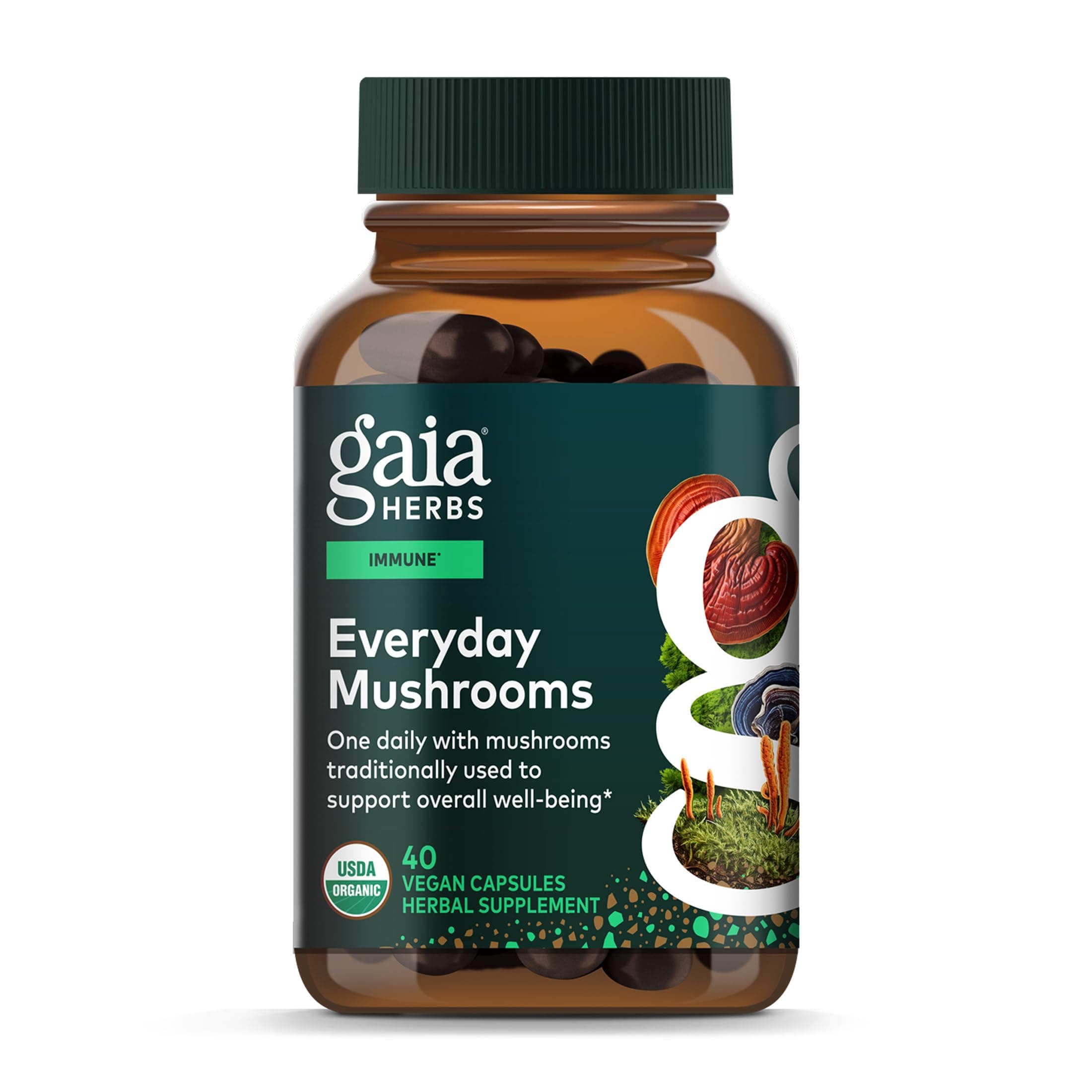 Gaia Herbs Everyday Mushrooms - Immune Support Mushroom Supplement for Daily Health Support* - with Reishi, Cordyceps, Turkey Tail, Shiitake & Chaga Mushrooms - 40 Vegan Capsules (40 Servings)