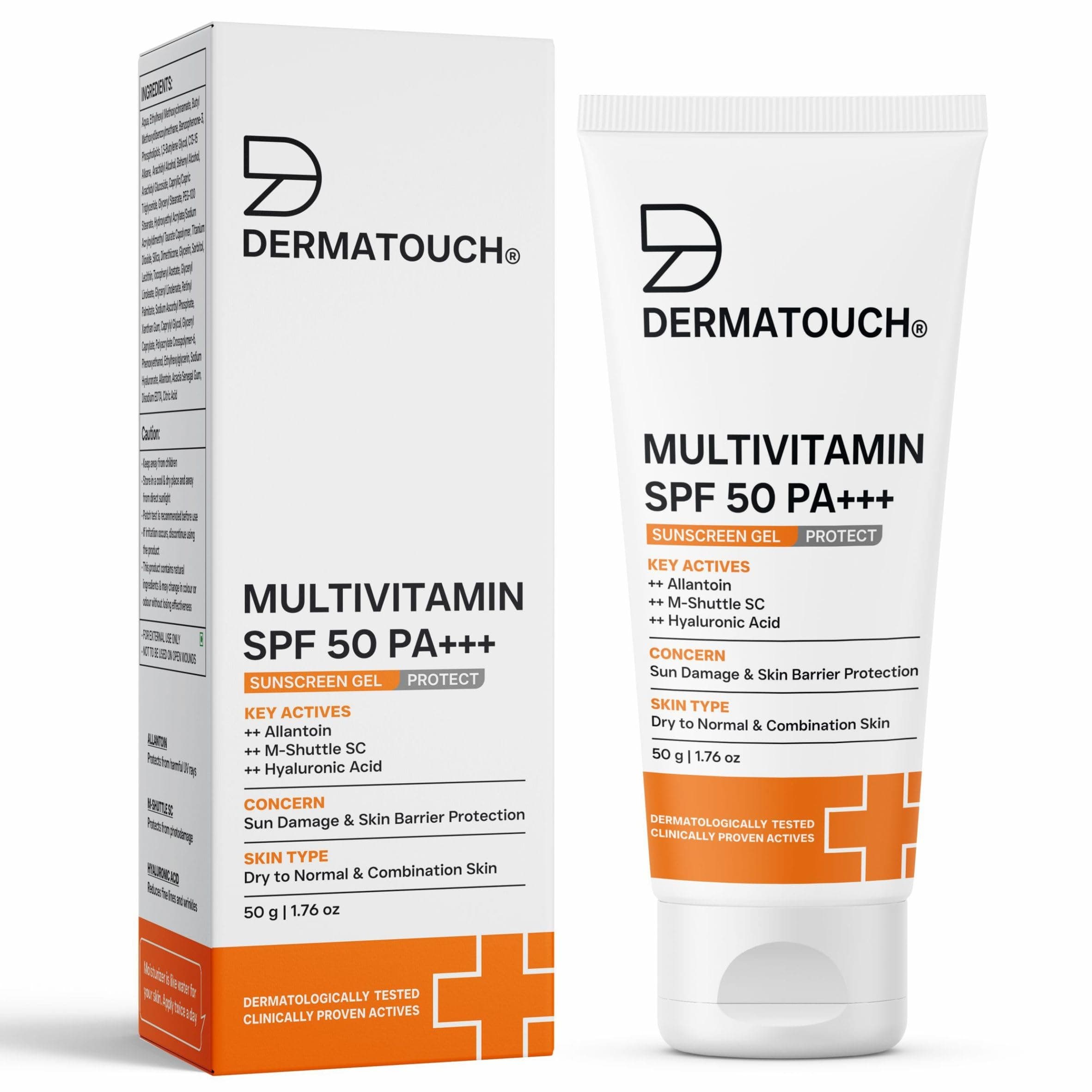 DERMATOUCH Multivitamin SPF 50 PA+++ Sunscreen Gel | UVA-UVB Protection | Zero White Cast | Unisex | 50g