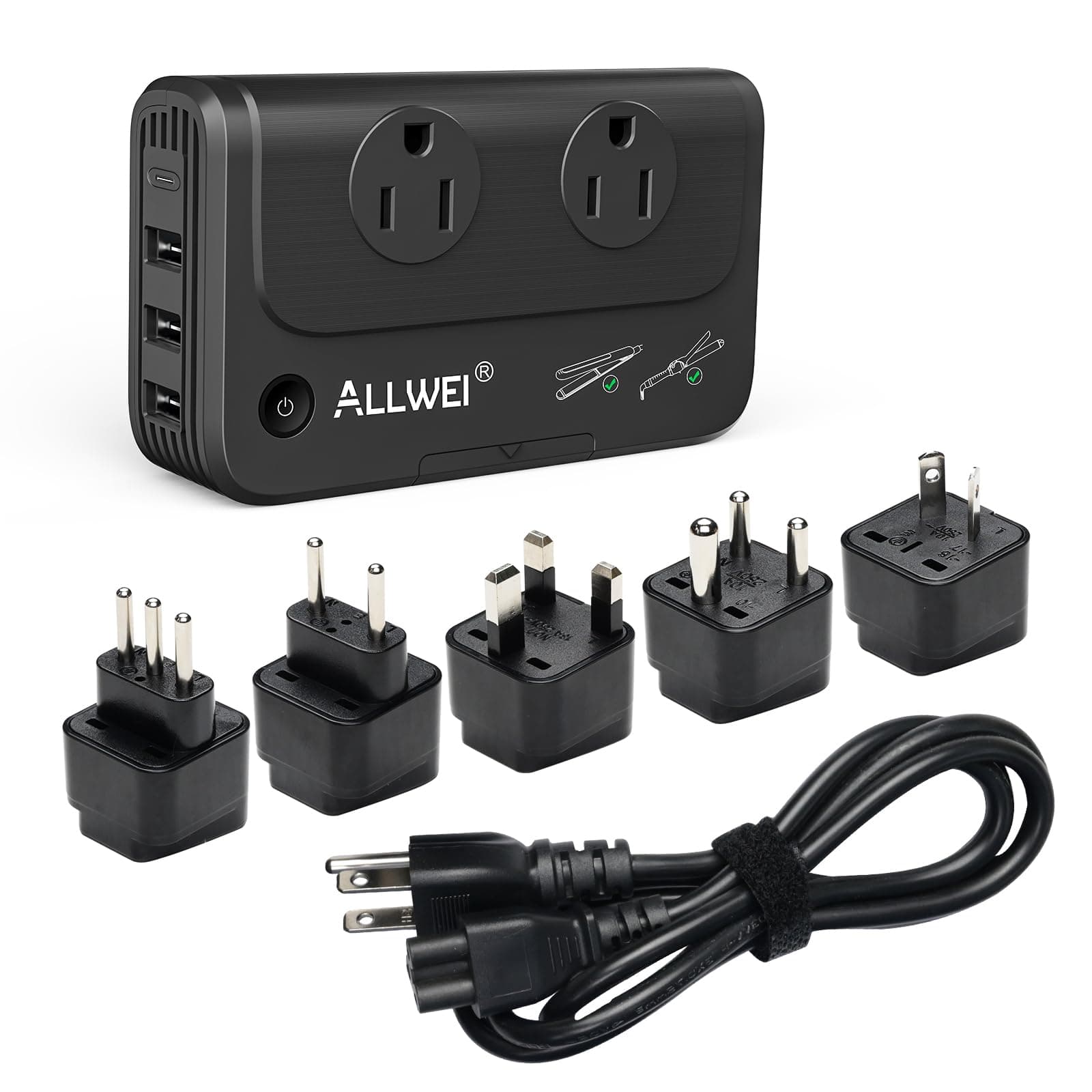 ALLWEI Travel Voltage Converter 220V to 110V Power International Travel Adapter for Hair Straightener/Curling Iron, Universal Power Plug Adapter UK, US, AU, EU, IT, India (Black)