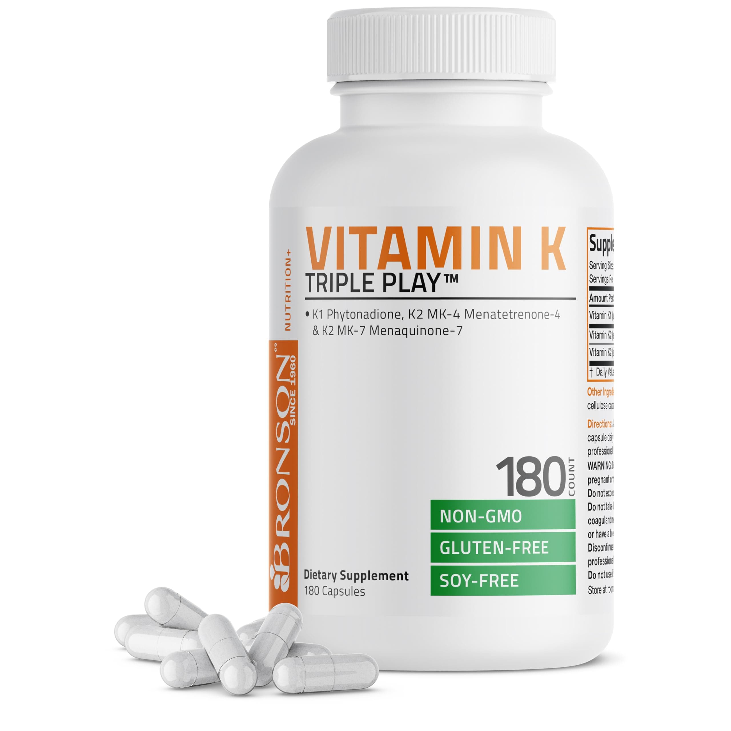 Bronson Vitamin K Triple Play (Vitamin K2 MK7 / Vitamin K2 MK4 / Vitamin K1) 180 Capsules