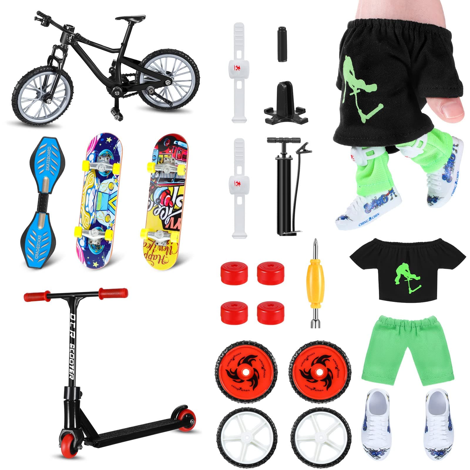 22 Pcs Mini Finger Toy Set Finger Skateboards, Finger Scooter, Finger Tops, Finger Pants, Finger Shoes, Finger Knee Pads, Finger Bike, Tiny Swing Board, Wheels, Tools Party Favors (Green, Black, Red)