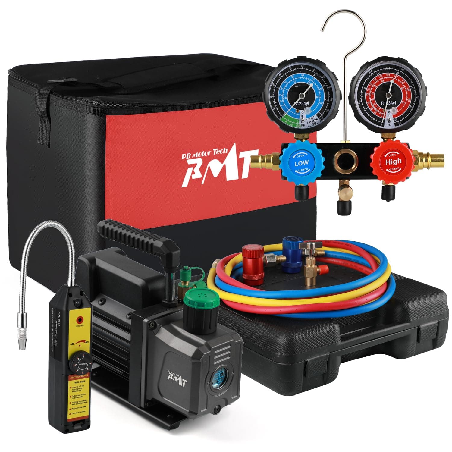 PB Motor Tech BMT 4.5CFM 1/3HP Vacuum Pump with 3-Way R1234yf AC Manifold Gauge Set, with Leak Detector, R1234yf Puncture Can Tap, R1234yf Quick Couplers and Other Accessories
