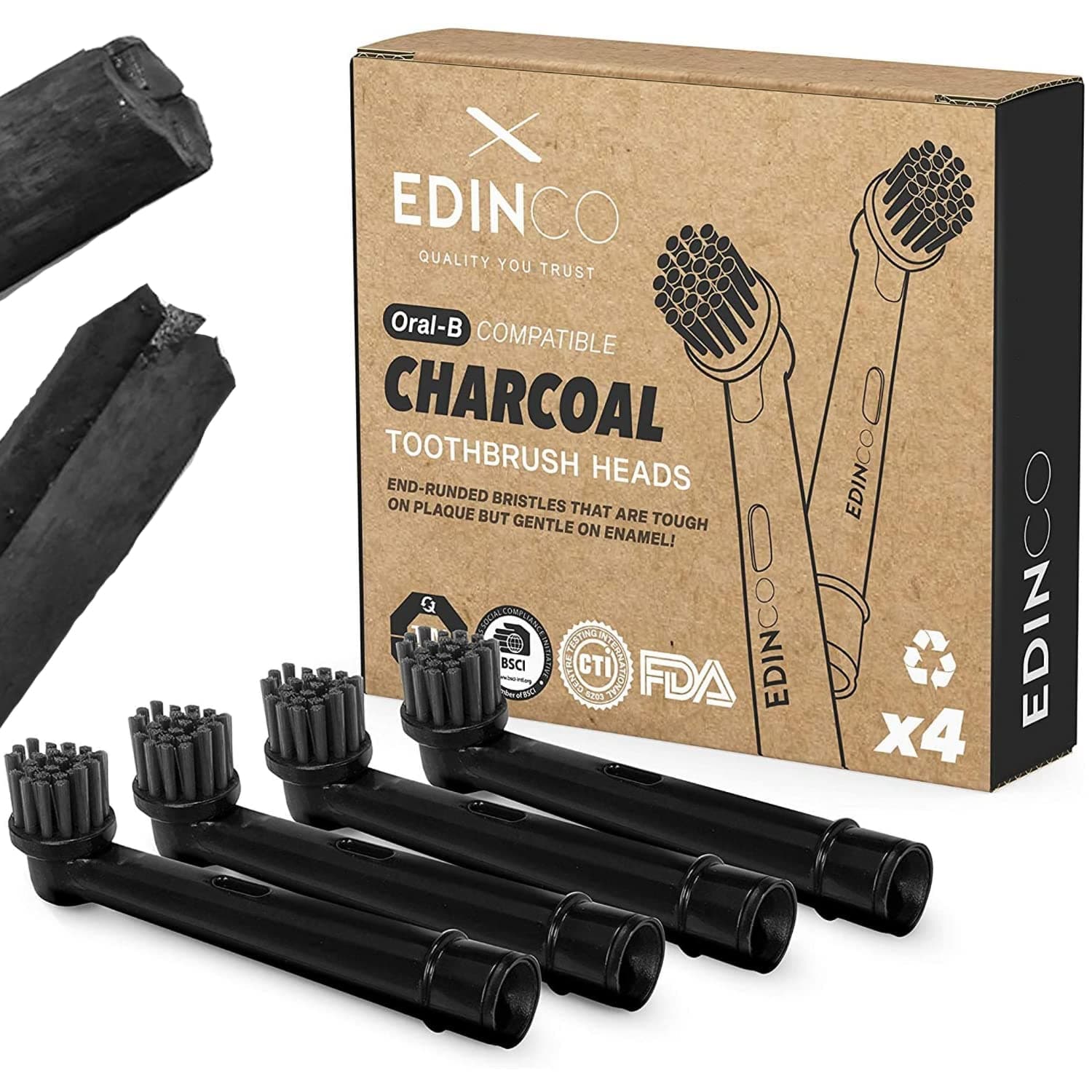 Recyclable Charcoal Toothbrush Heads for Oral B (4/8 Pack) Black | Sensitive Deep Clean, Plaque Removal, Whitening | Fits Pro, Vitality, Triumph (Not iO), (4 Pack)
