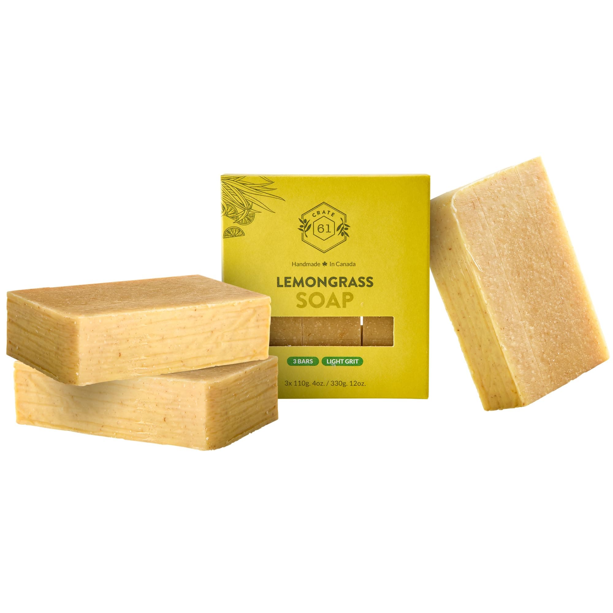 Crate 61 Organics Lemongrass Soap 3 pack, 100% Vegan Cold Process, scented with premium essential oils, for men and women, face and body. ISO 9001 certified manufacturer