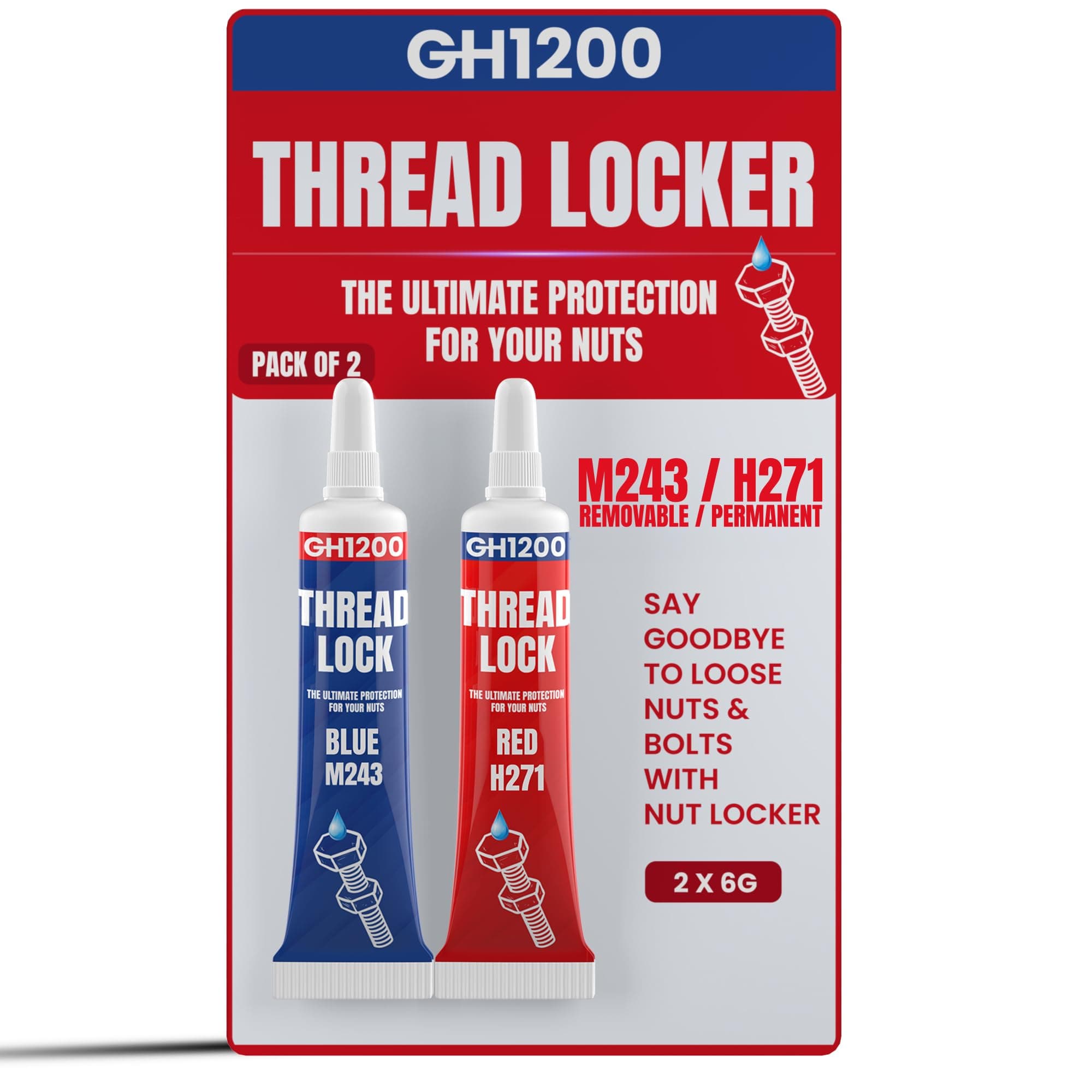 GH1200 -6gx2 Pack Thread Lock - 271 and 242 Medium and Strong Strength for Nuts, Bolts, and Metals, Threadlocker Lock Tight & Seal Fasteners with Stable and Consistent Performance
