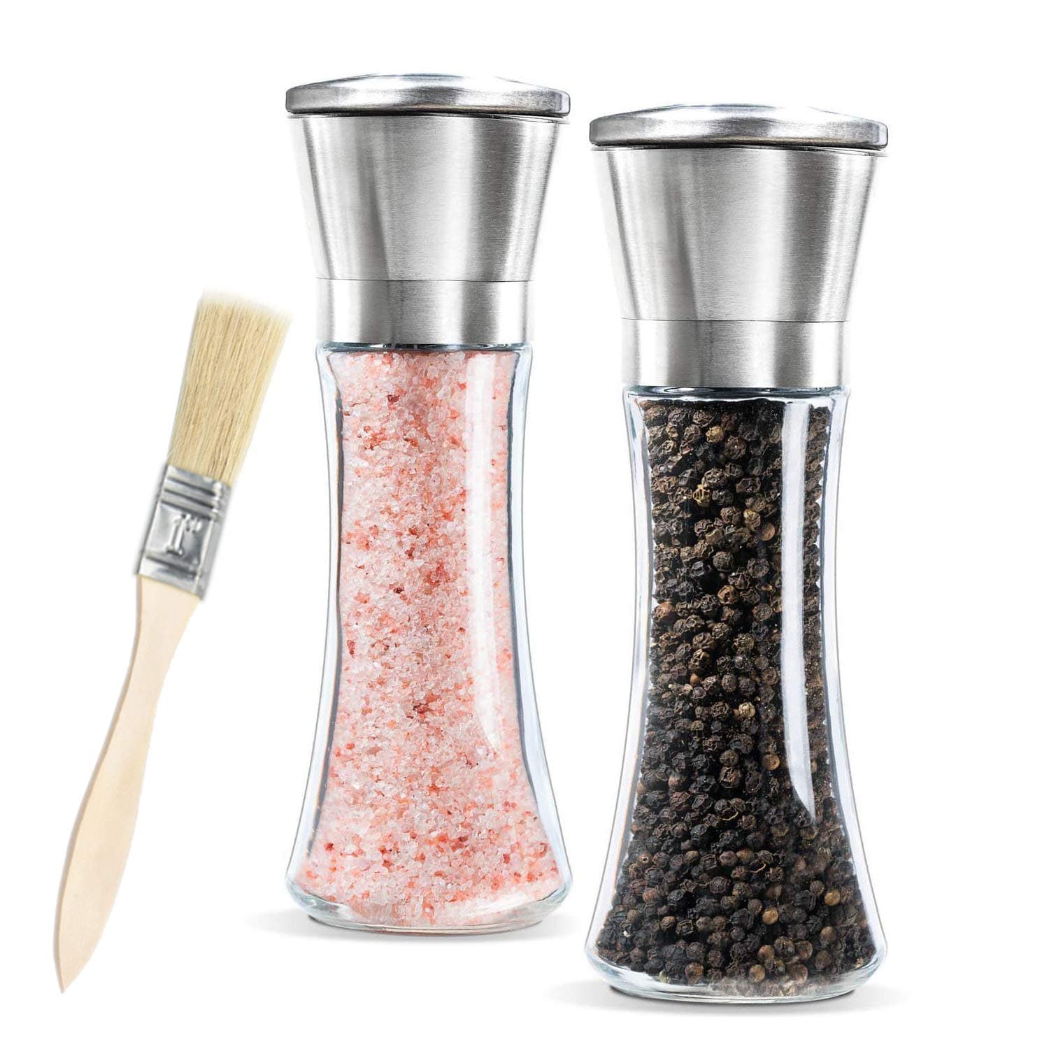 Newyond Salt and Pepper Grinder Set, Salt and Pepper Shakers with Adjustable Coarseness,Brushed Stainless Steel and Glass Body Shakers(2 Pack)